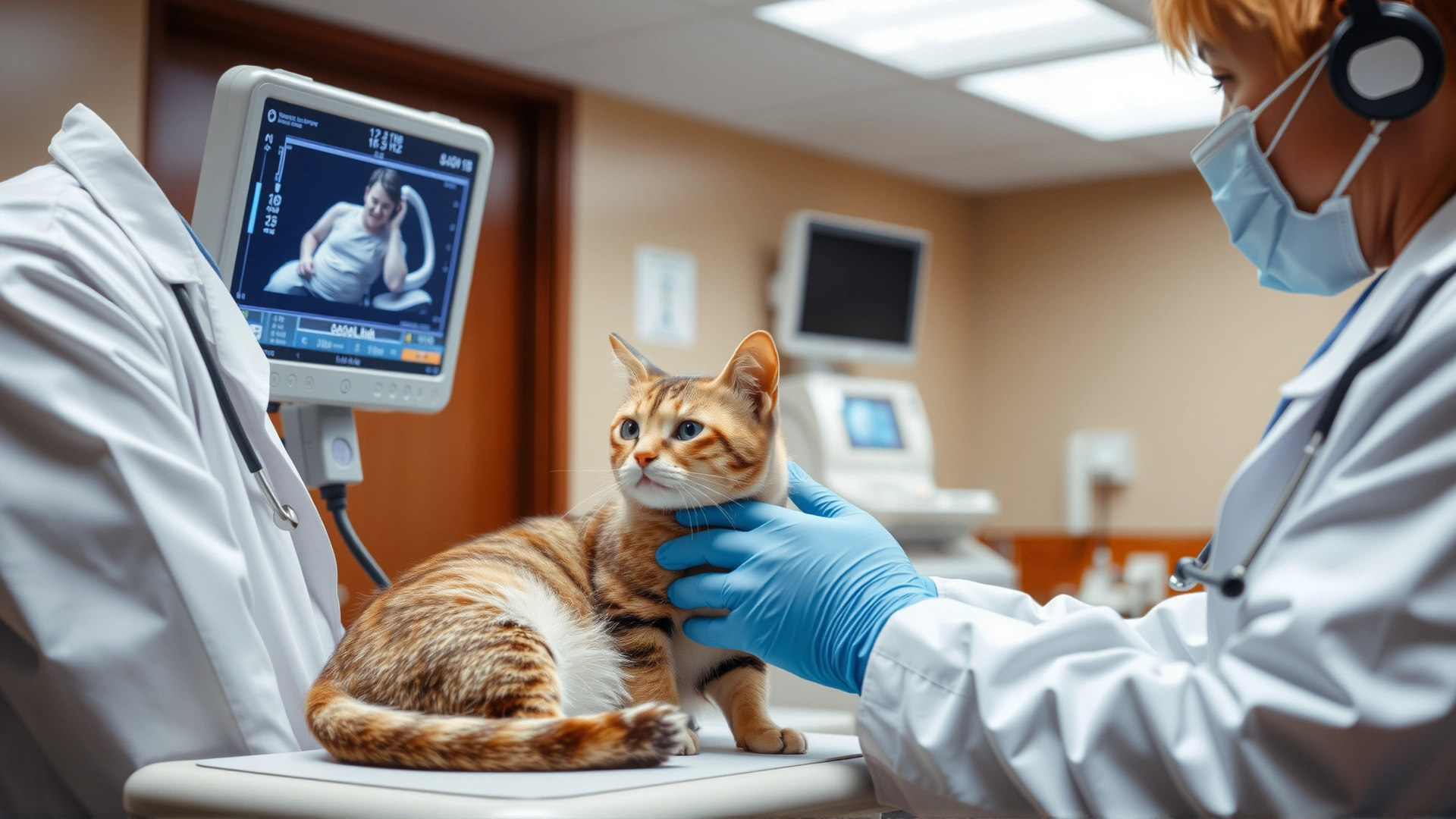 Scene inside a veterinary clinic showing a veterinarian using an ultrasound device on a pregnant cat, with medical equipment slightly blurred in the background.