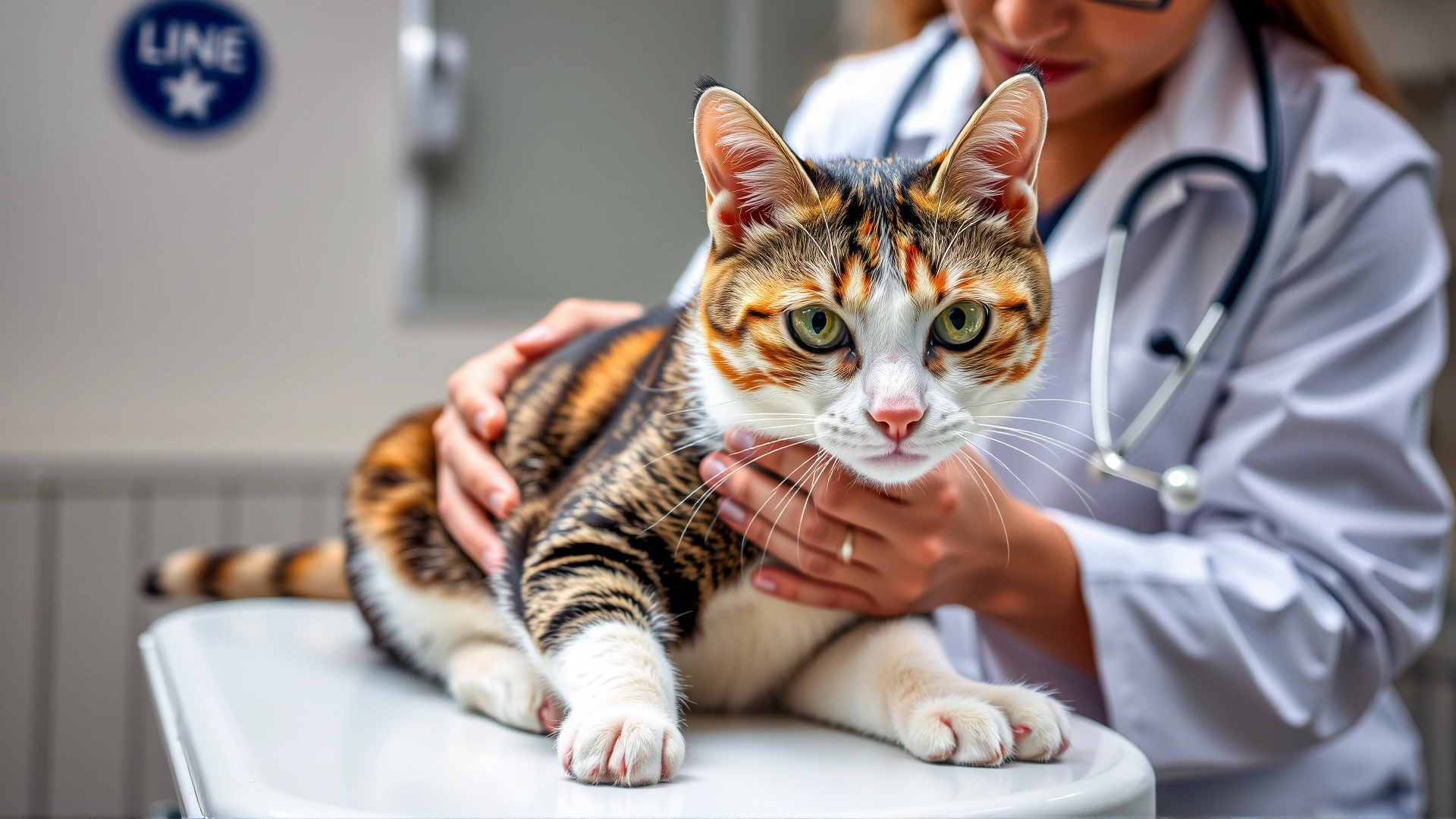 Veterinarian in white coat performing a gentle physical examination on a calico mother cat on an examination table, clinical background.