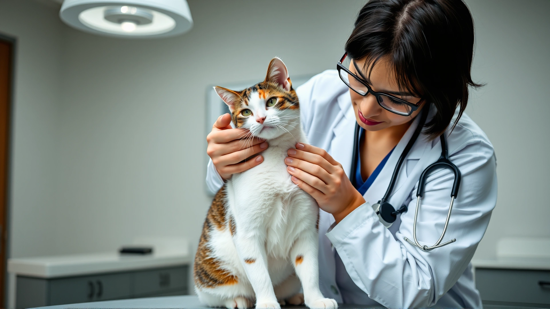Veterinarian palpating a cat's scrotal area during a thorough physical examination in a modern clinic environment