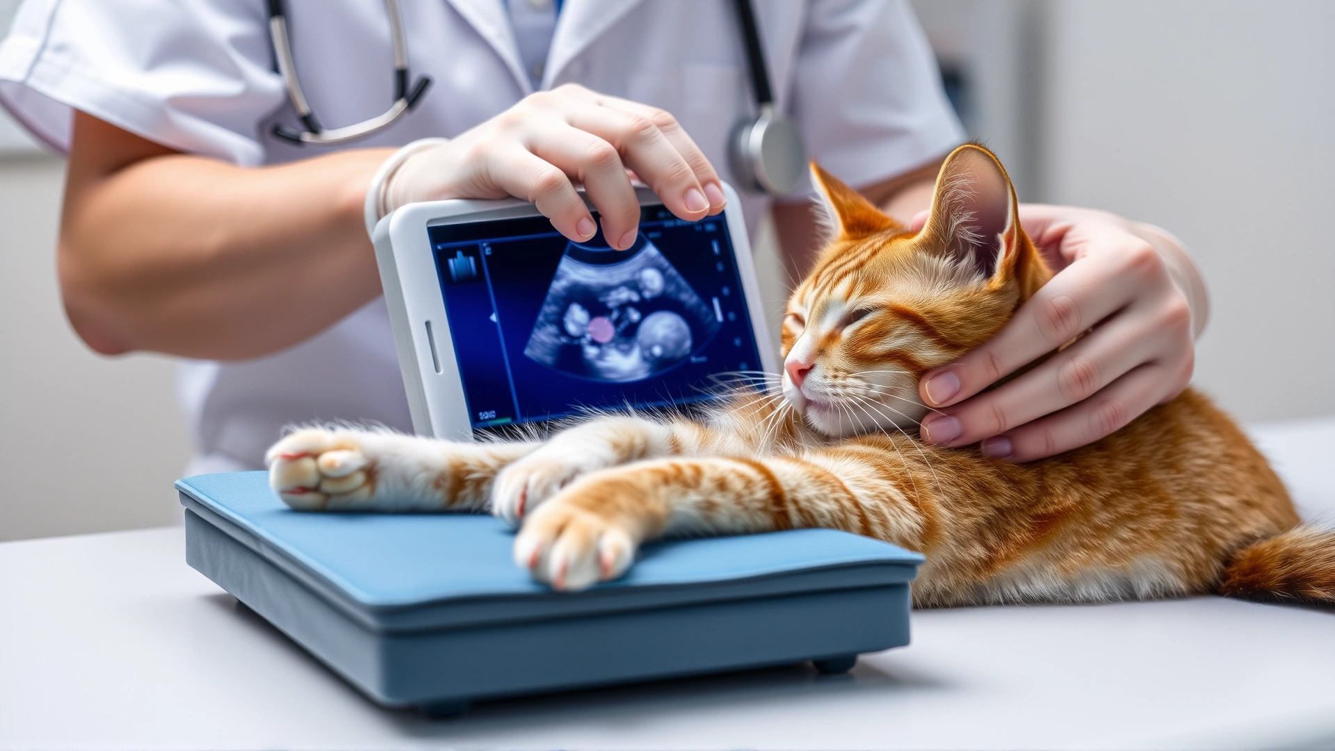 A veterinarian performing an ultrasound scan on a relaxed cat on an examination table, clinical environment, high resolution.