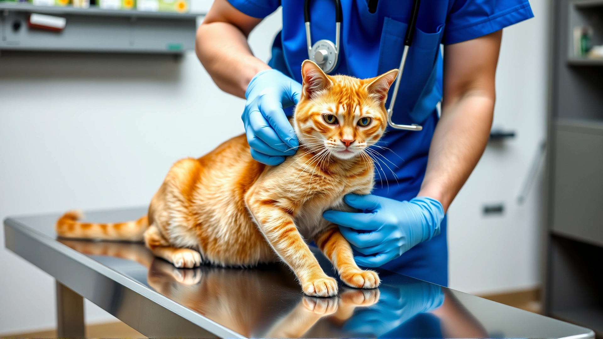 Veterinarian in blue scrubs palpating a ginger cat's scrotal area on a stainless steel exam table, clinic setting.
