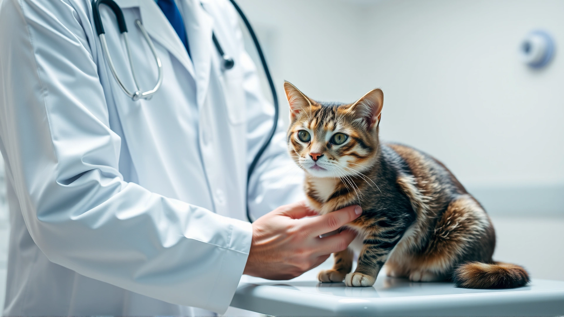 Veterinarian in a white coat gently examining a cat on an examination table, placing a stethoscope on the cat’s chest, bright clinic environment.