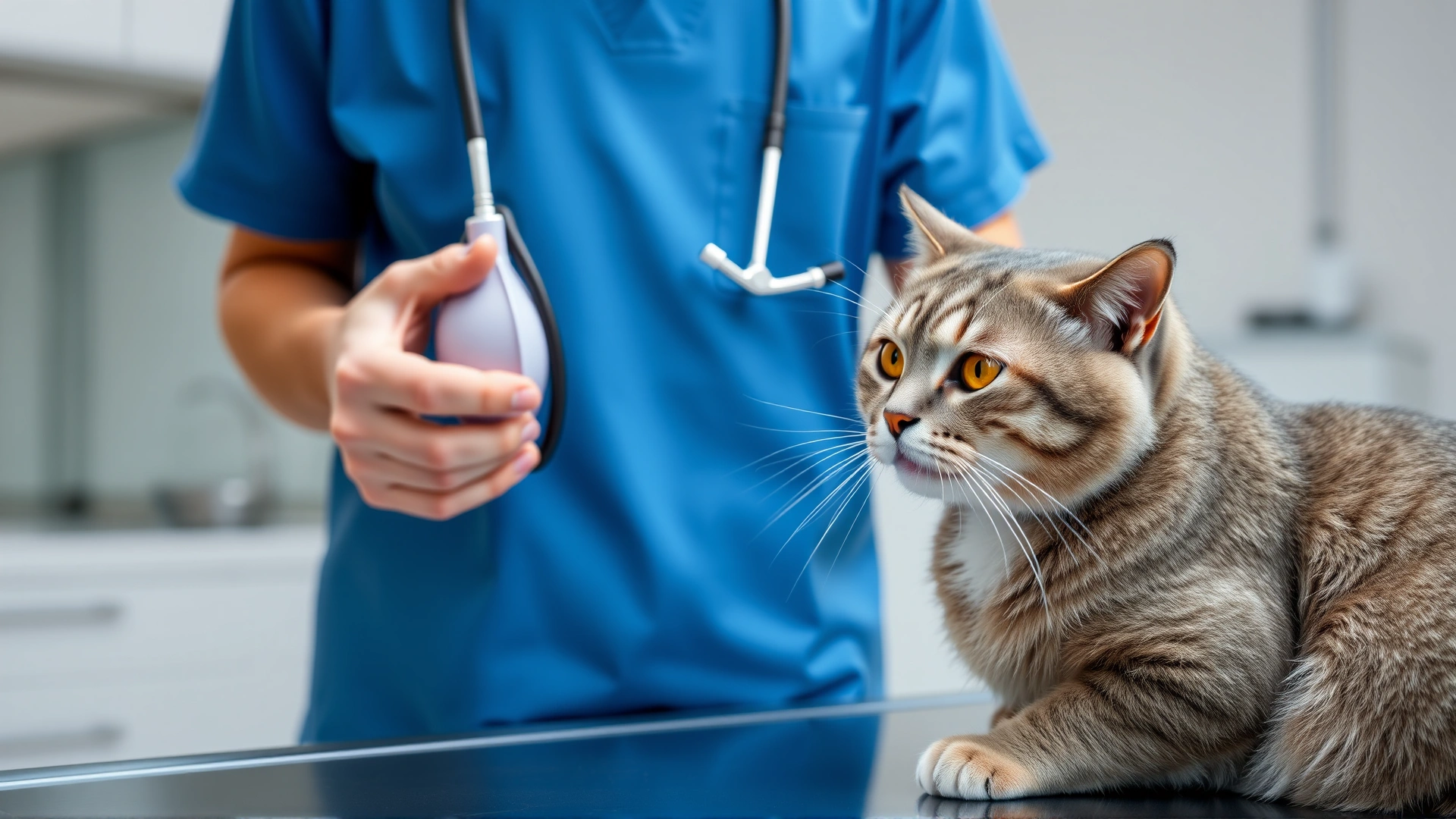 Veterinarian wearing blue scrubs listening with stethoscope to a calm grey cat on exam table in modern clinic.