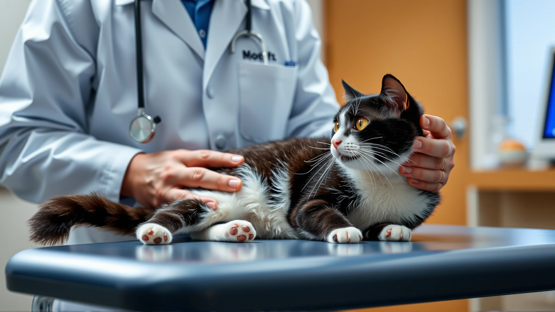 Veterinarian wearing white coat and stethoscope carefully listening to a black-and-white cat's chest on an exam table; bright clinic setting.