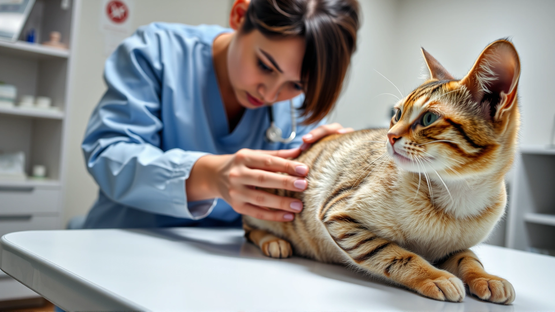Experienced veterinarian gently examining a domestic short-haired cat on a clinic table, focusing on the cat's skin condition, bright clinical setting.