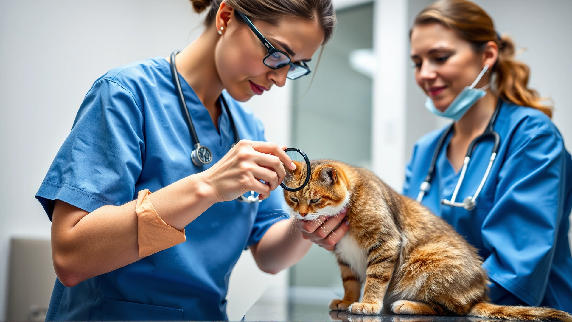 Female veterinarian wearing blue scrubs examining a cat’s skin with a magnifying glass in a modern clinic room, neutral background.