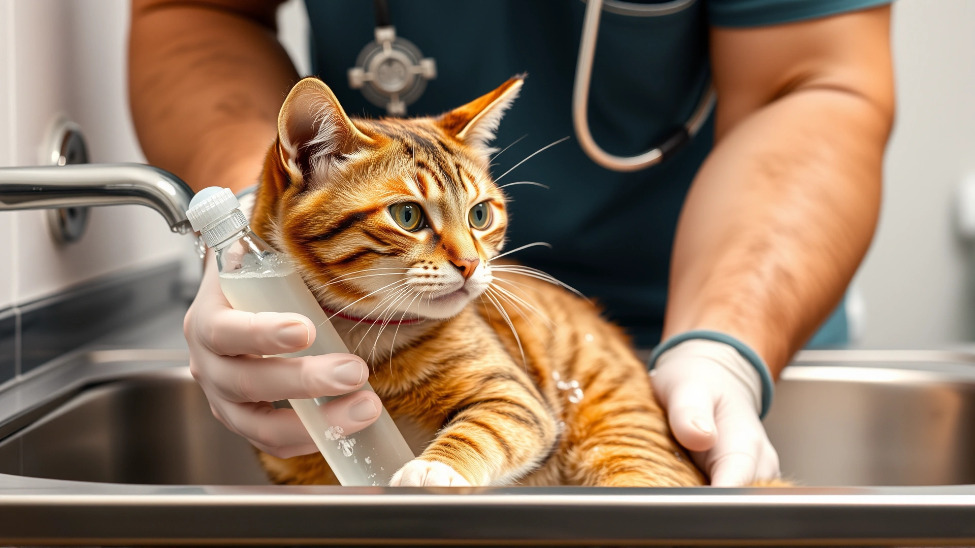 A veterinarian wearing gloves and a stethoscope gently bathing a cat with antiseptic solution in a stainless steel sink