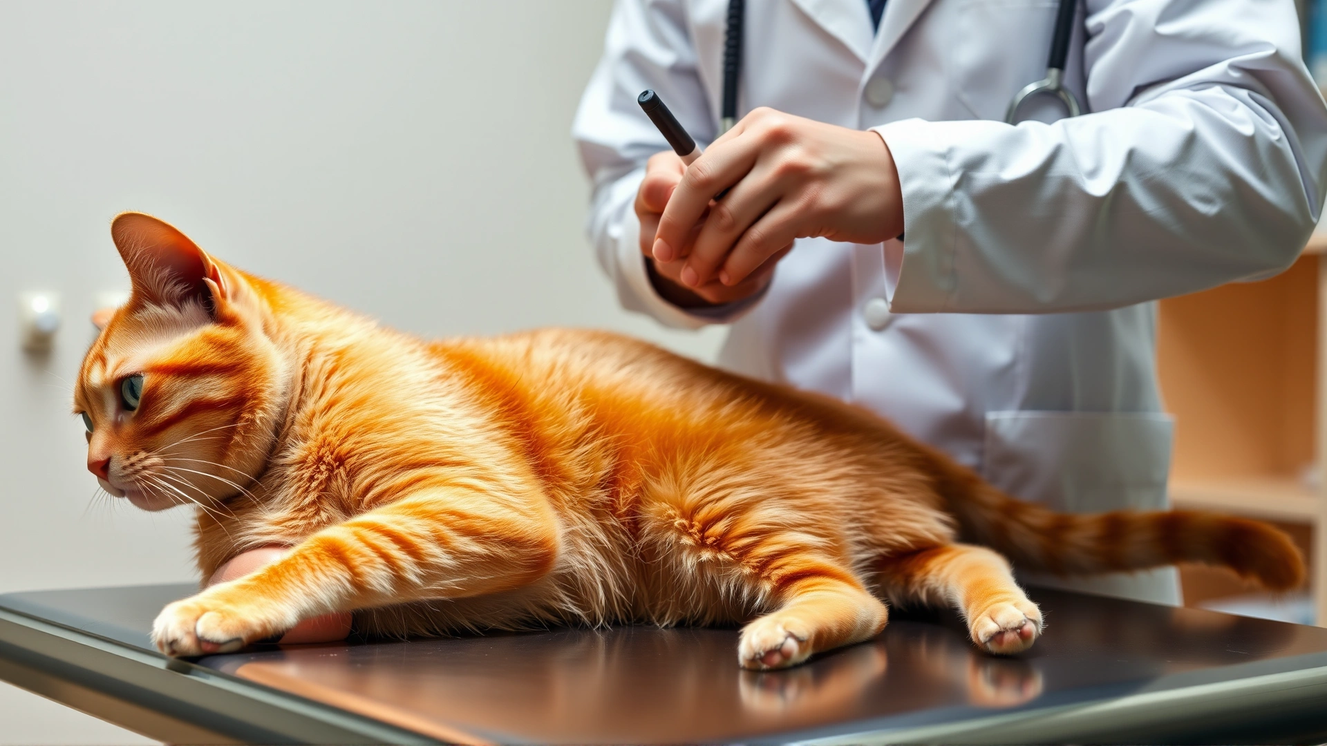 Veterinarian in white coat performing a thorough skin examination on an orange cat on an exam table, medical office background, no text