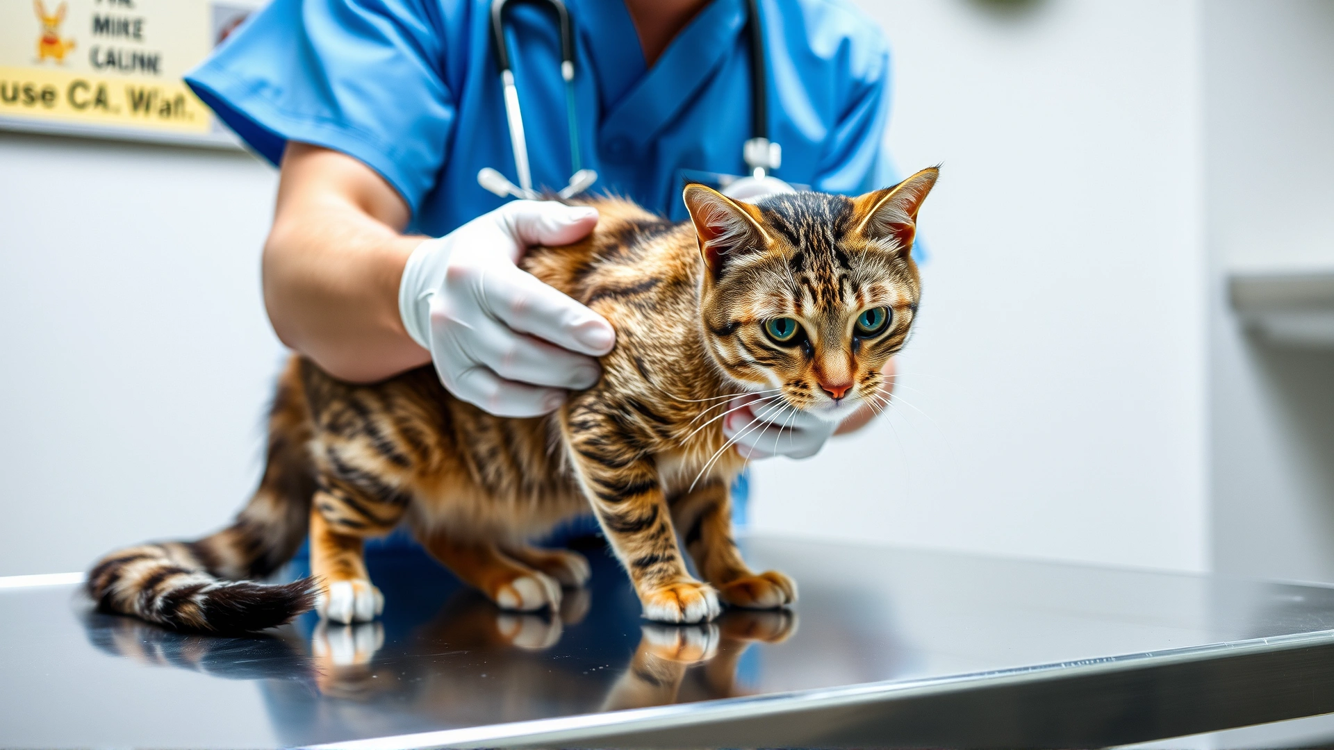 Veterinarian carefully examining a tabby cat on a stainless steel examination table, focusing on a shaved area of the cat’s skin under bright clinic lighting.