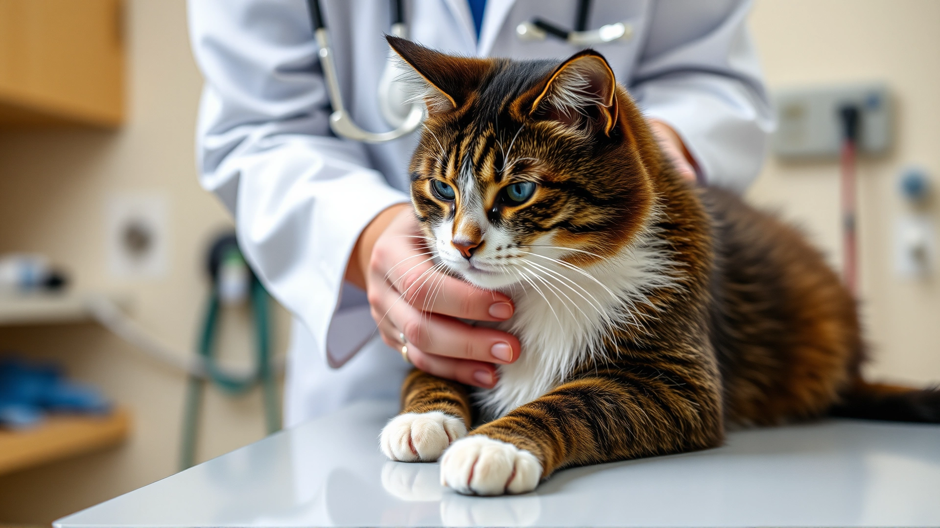 Veterinarian gently opening a cat’s mouth during a clinical check-up, focus on gloved hands and cat’s oral cavity, veterinary clinic setting.