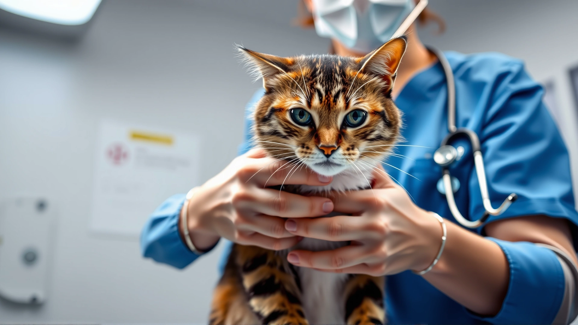 Veterinarian wearing blue scrubs gently parting a cat’s fur to inspect the skin under bright clinical lighting, examination table and stethoscope in frame.