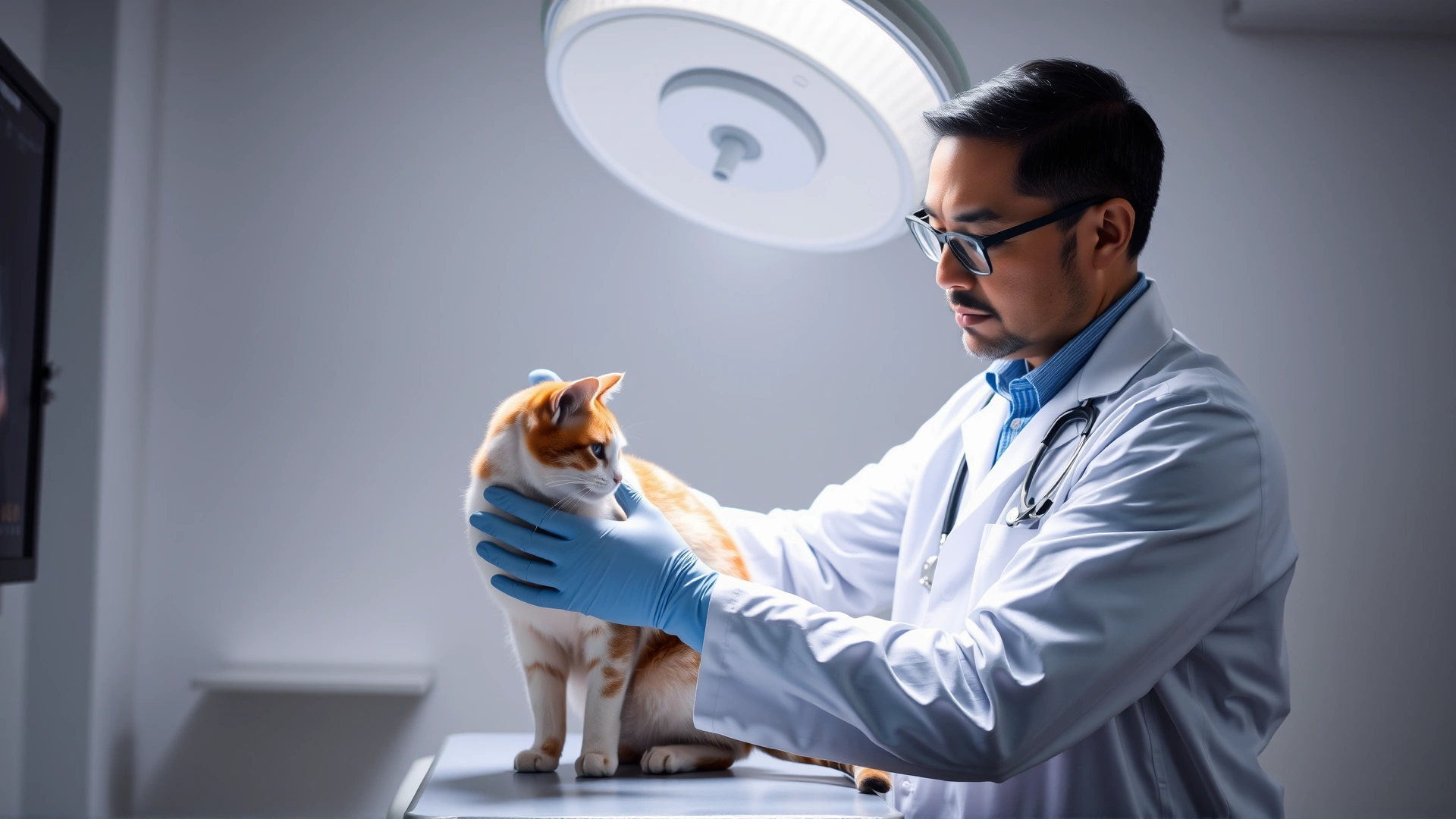 Veterinarian wearing a white coat examining a cat’s coat under bright clinic lighting, cat on an exam table