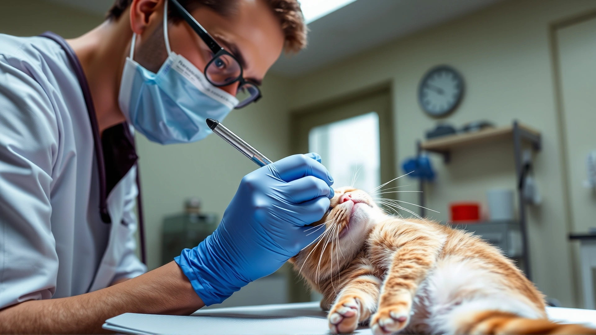 Veterinarian wearing gloves performing a skin scraping on a cat inside a well-lit veterinary clinic.