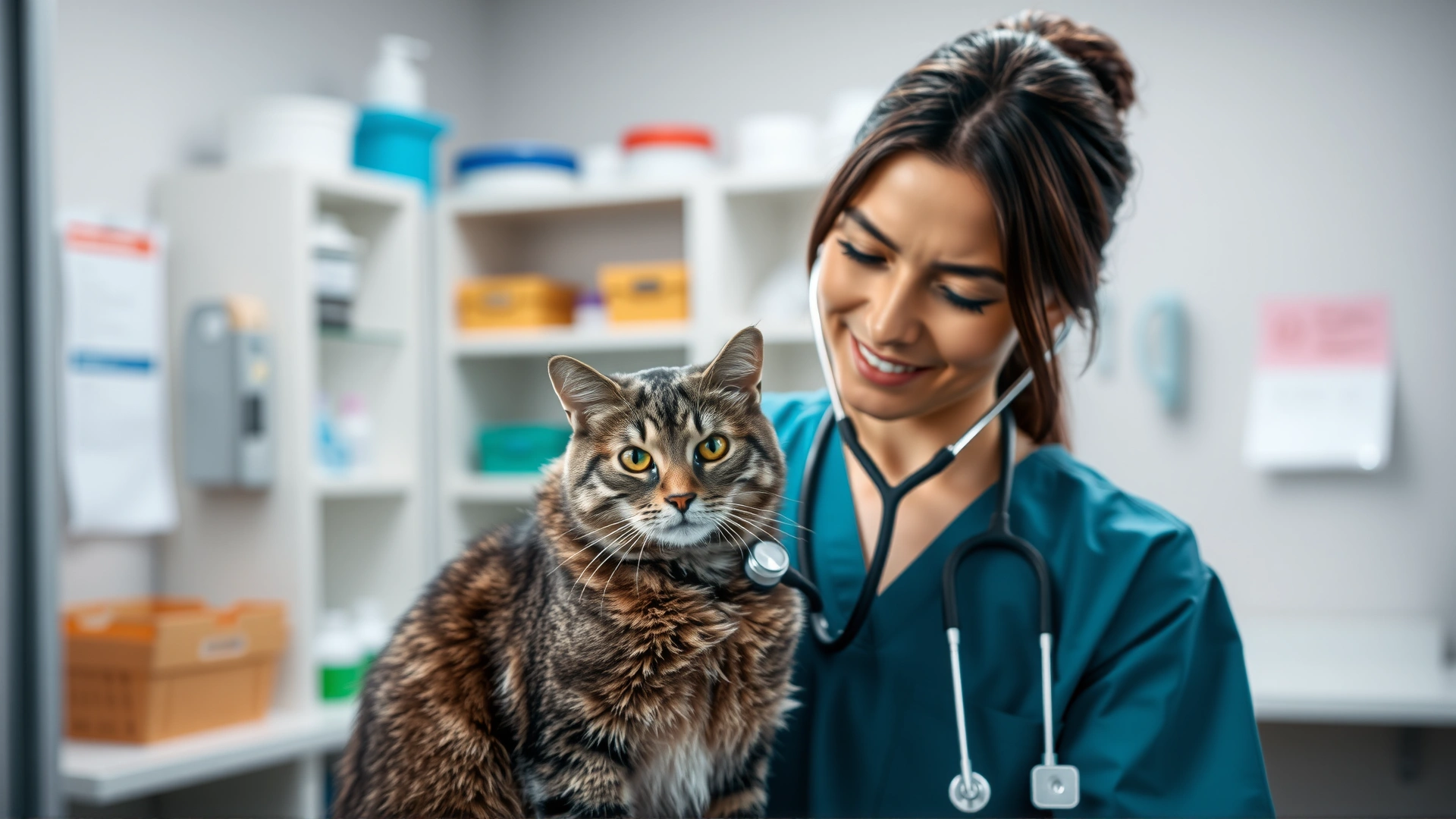Female veterinarian listening to a grey tabby cat’s chest with a stethoscope in a well-lit exam room, shelves with medical supplies blurred in background, no text