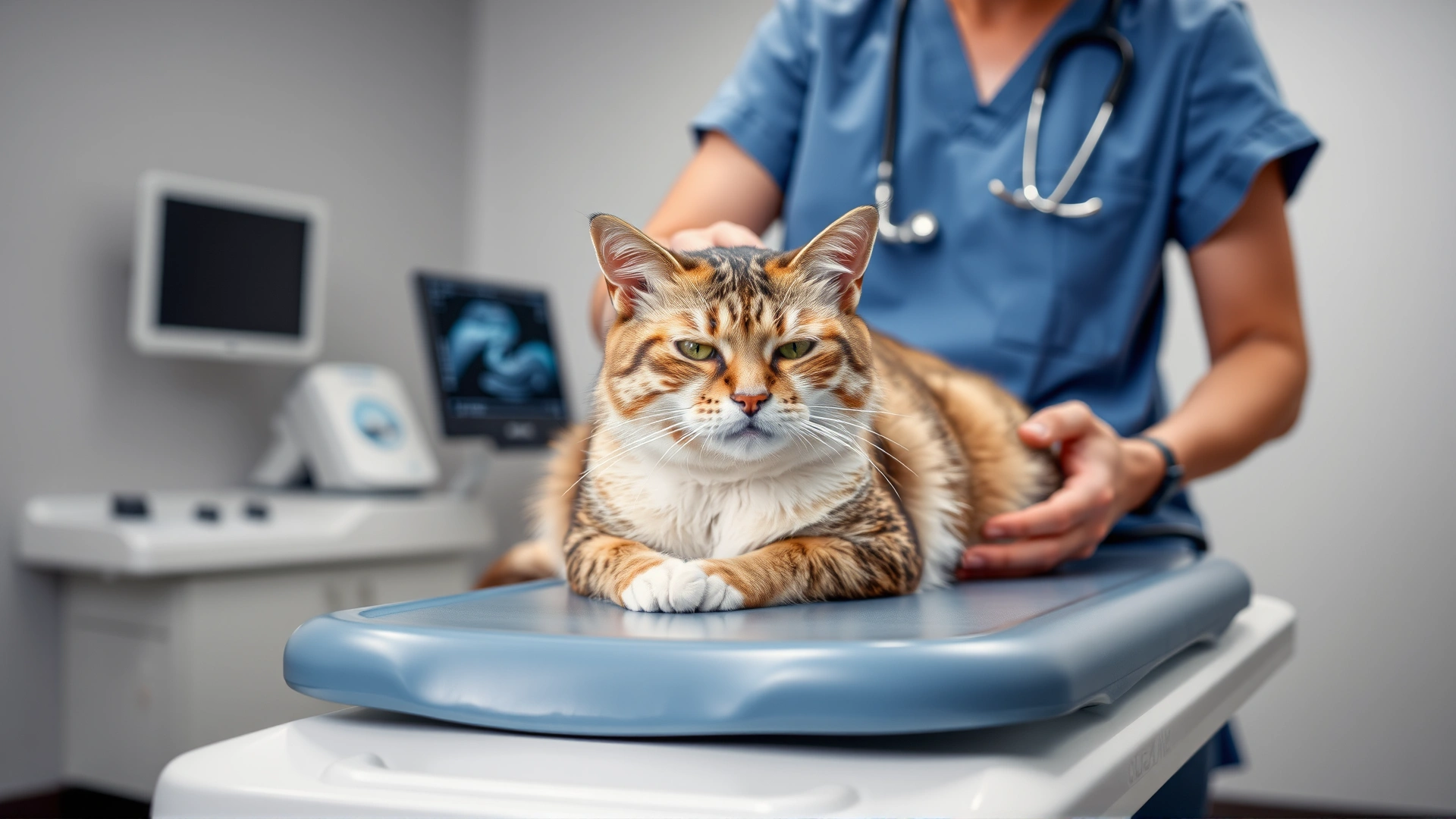 High-quality photo of a veterinarian in scrubs performing an abdominal ultrasound on a calm cat on an examination table, modern clinic background