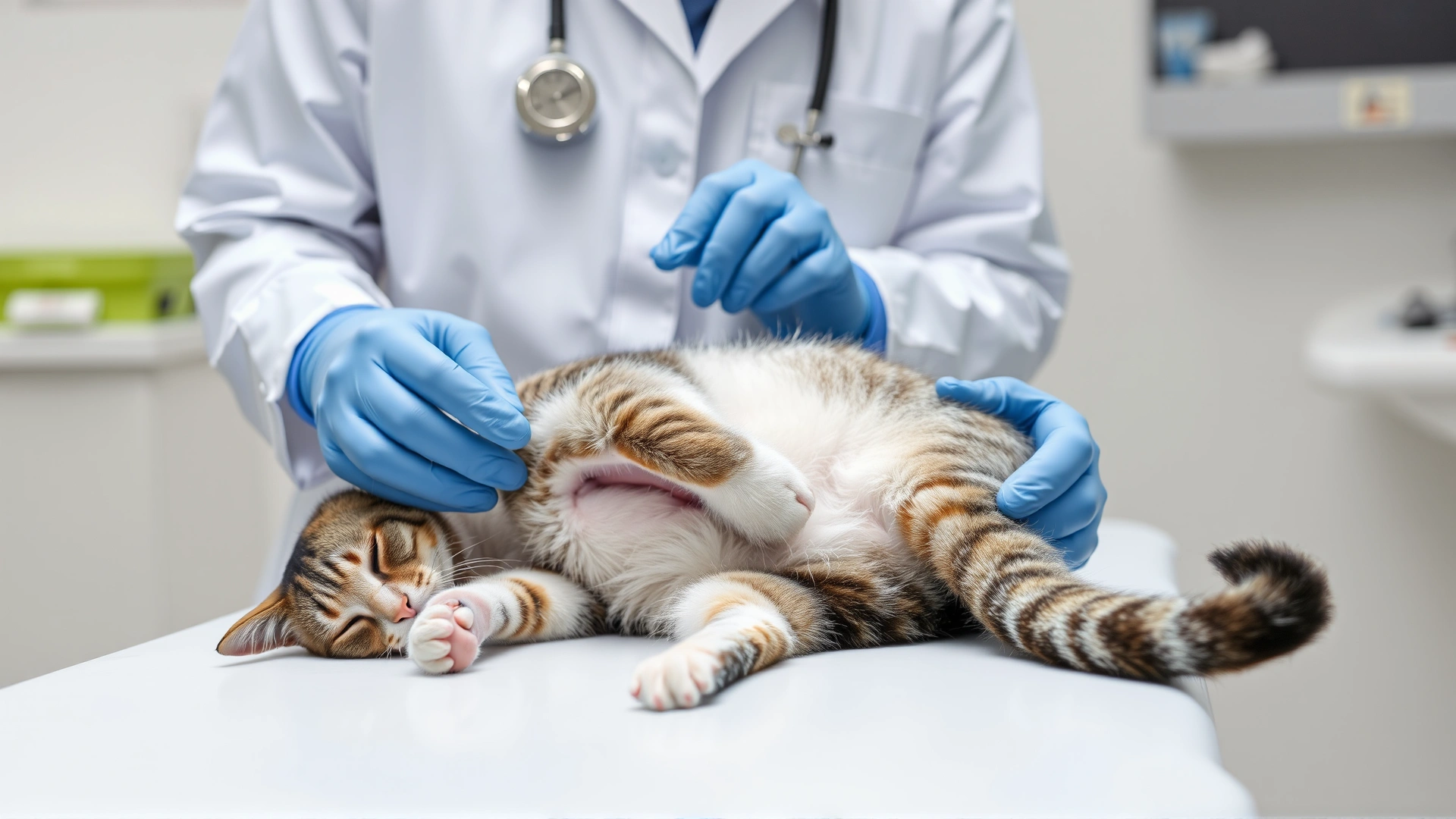 Veterinarian gently examining a cat’s genital area on an exam table while wearing gloves, clinical environment, no text