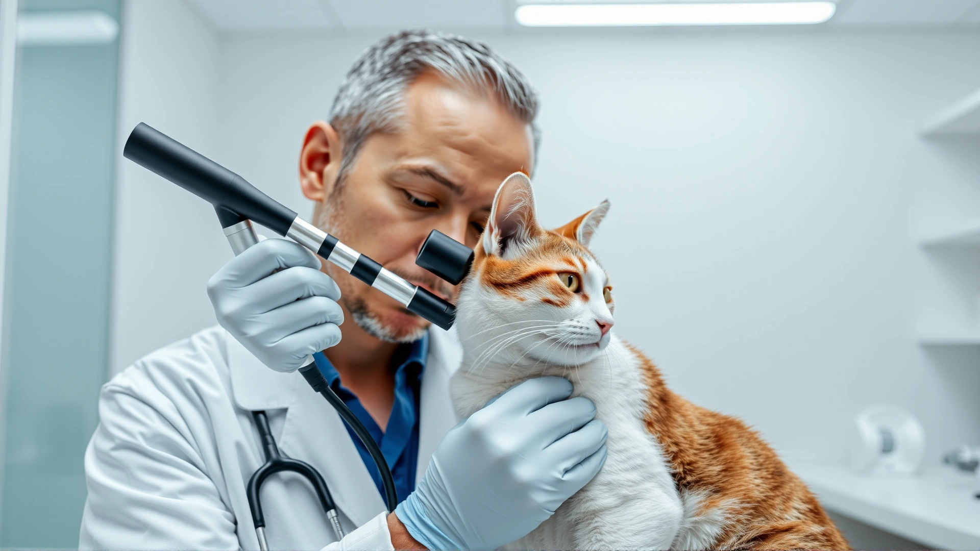 Veterinarian in a white coat gently examining a cat’s ear with an otoscope in a modern clinic setting, bright even lighting, high resolution