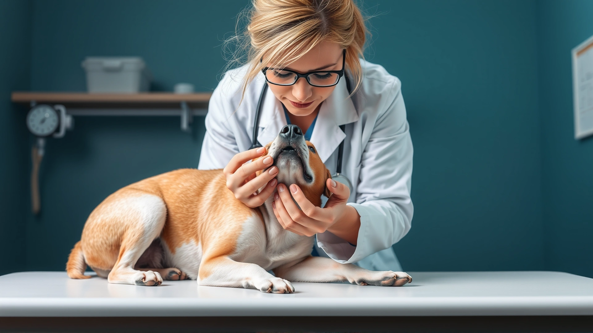Veterinarian in white coat gently examining a dog's nasal cavity on the exam table, clinical environment.