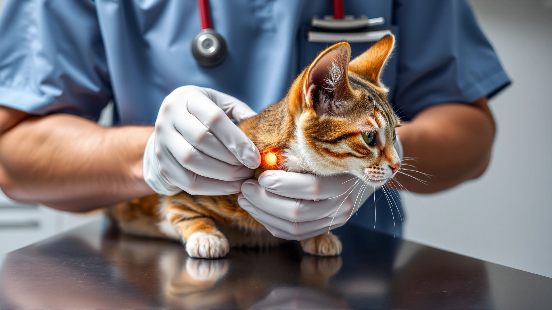 Veterinarian wearing scrubs and gloves carefully inspecting a small wound behind a cat’s ear on a stainless-steel exam table.