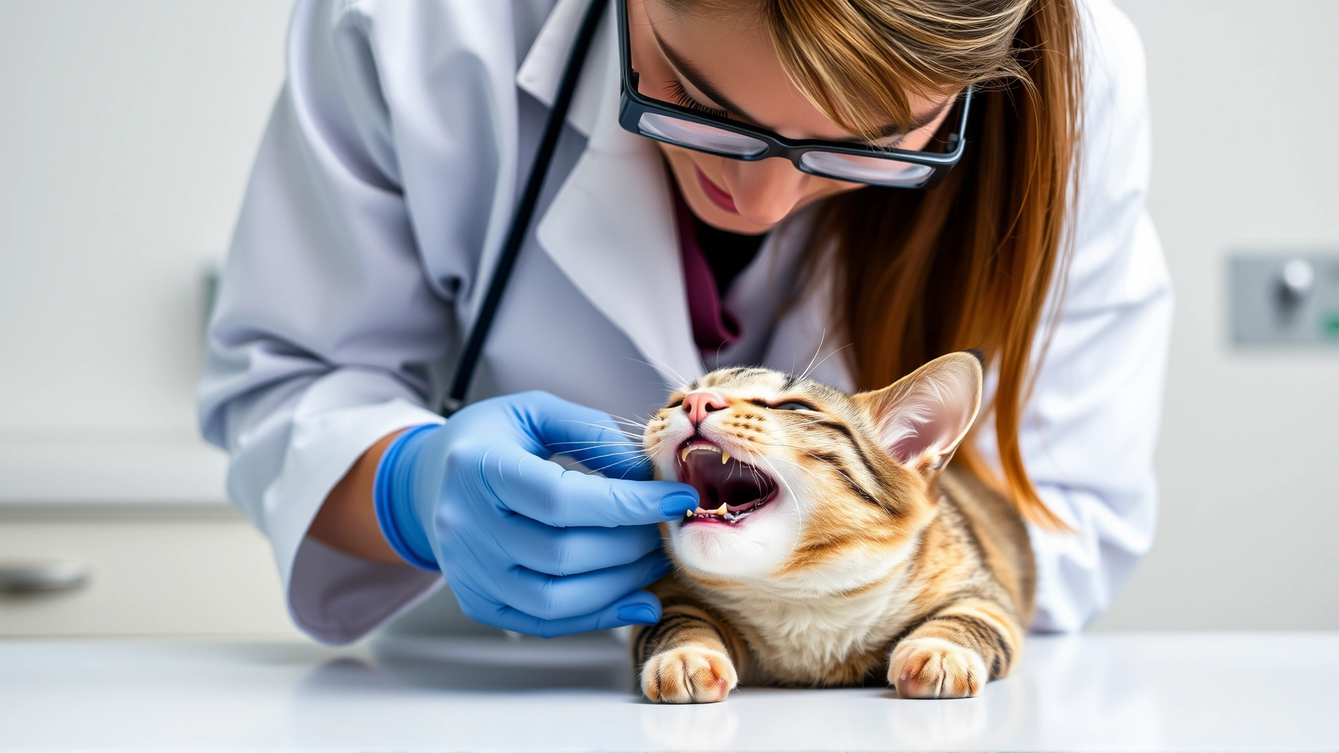 Veterinarian in white coat examining a cat’s mouth on an exam table, clinical background, focus on professional care