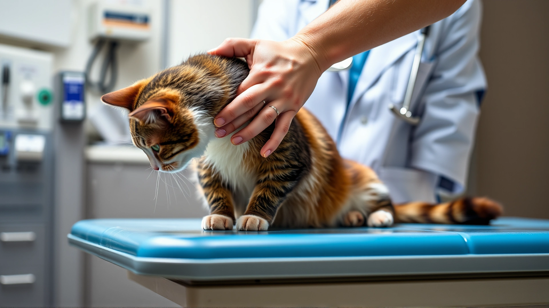Veterinarian gently palpating a cat's abdomen on an examination table, clinic environment, professional look