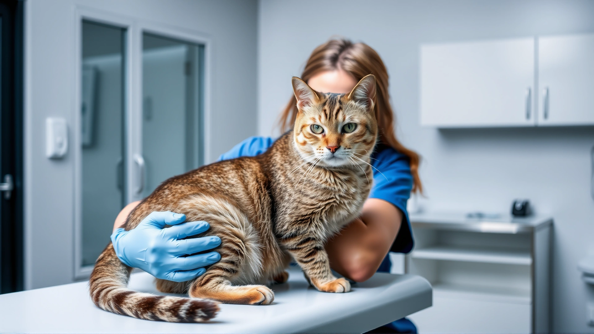 A female veterinarian wearing blue scrubs and gloves gently examining the skin of a calm cat on an examination table in a modern clinic.