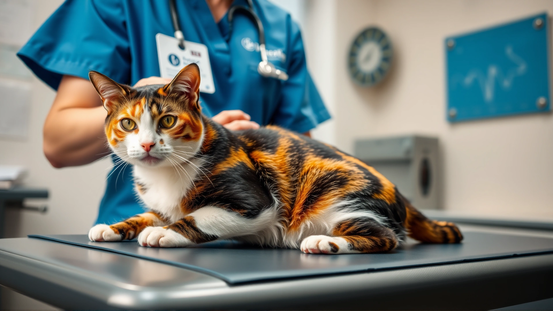 Female veterinarian wearing blue scrubs examining a calico cat on an exam table inside a veterinary clinic