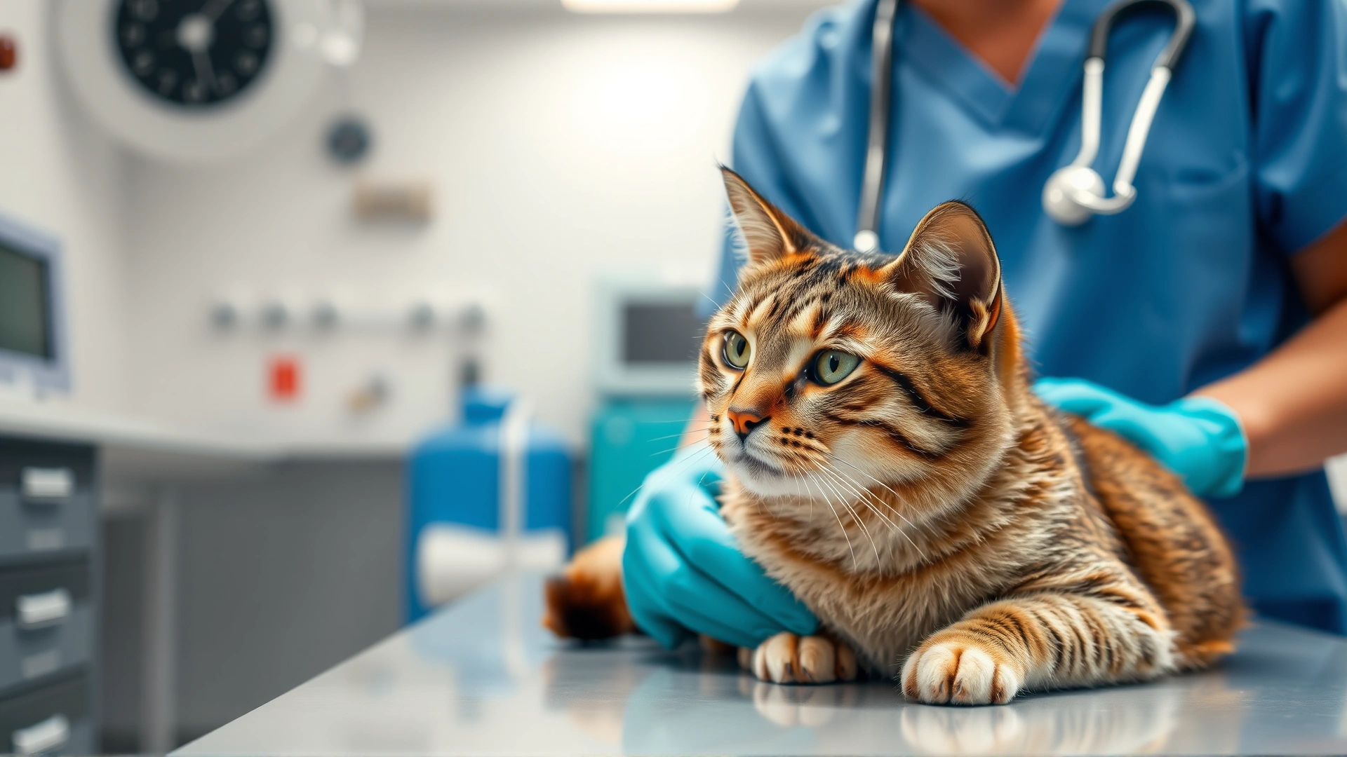 Veterinarian in blue scrubs gently examining a calm tabby cat on the examination table inside a modern vet clinic, medical equipment blurred in background
