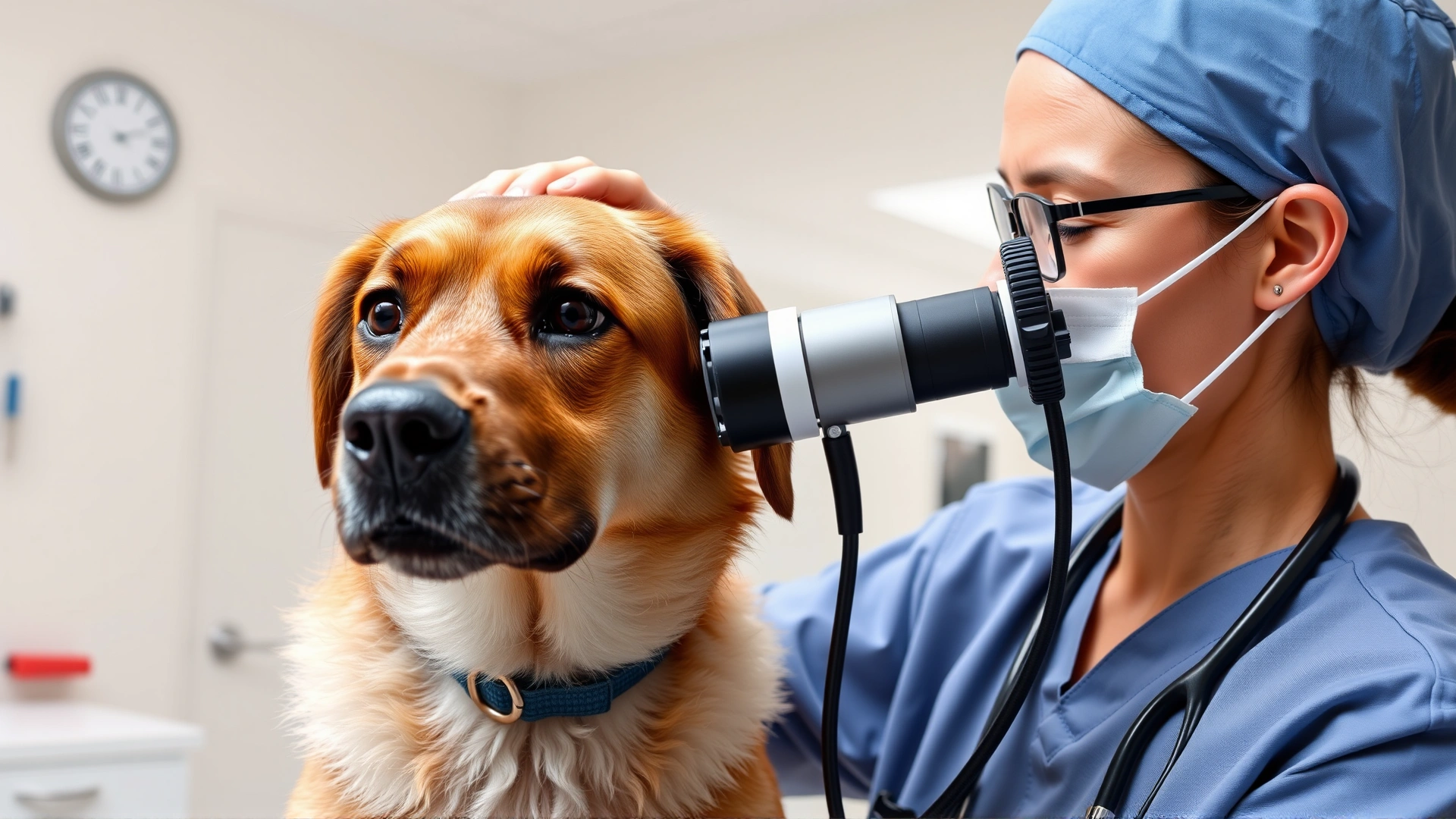 Veterinarian wearing scrubs gently examining a medium-sized dog’s eyes with an ophthalmoscope in a bright clinic room.