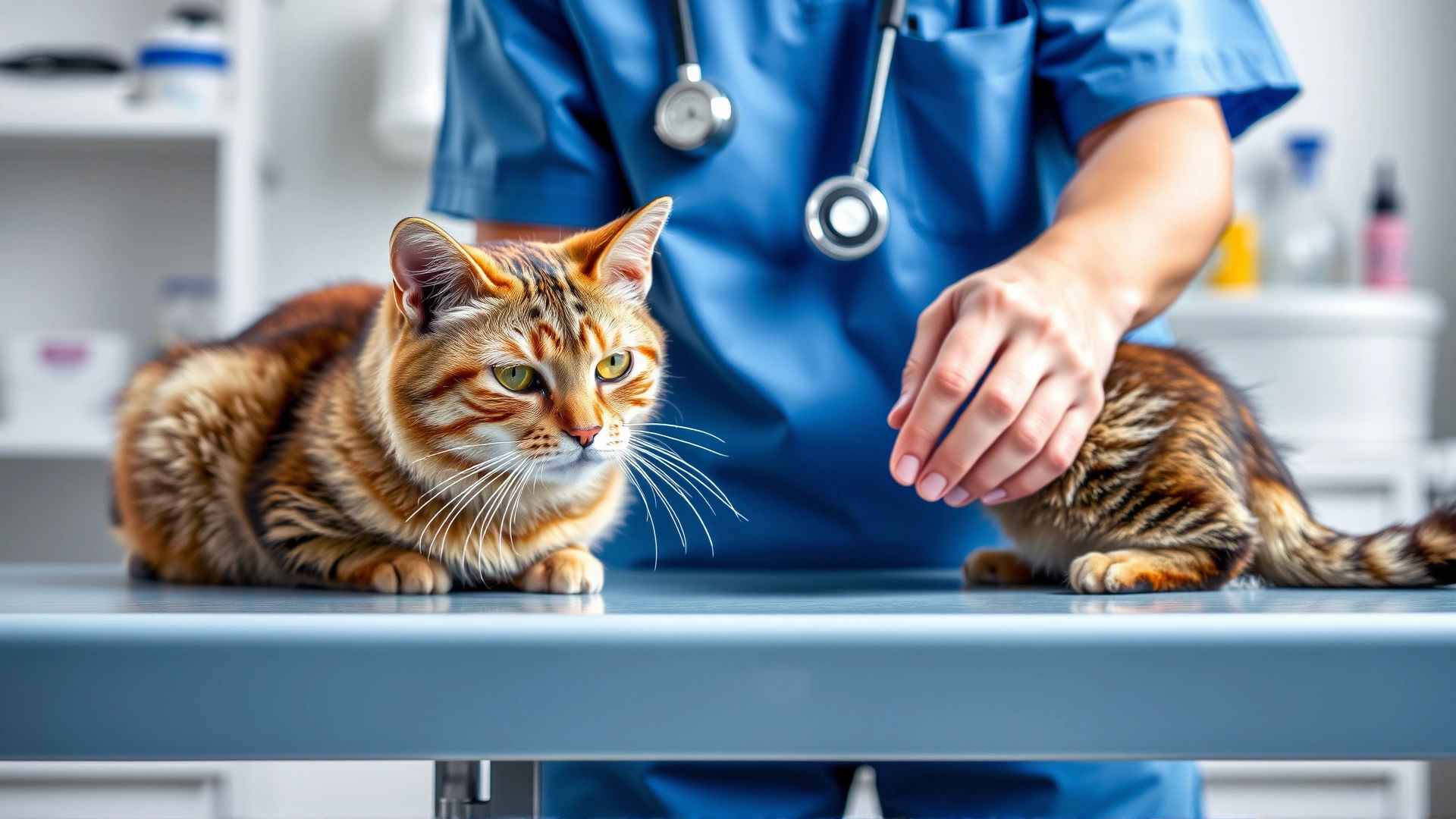 Veterinarian in scrubs examining a senior cat on an examination table with lab equipment blurred in background.