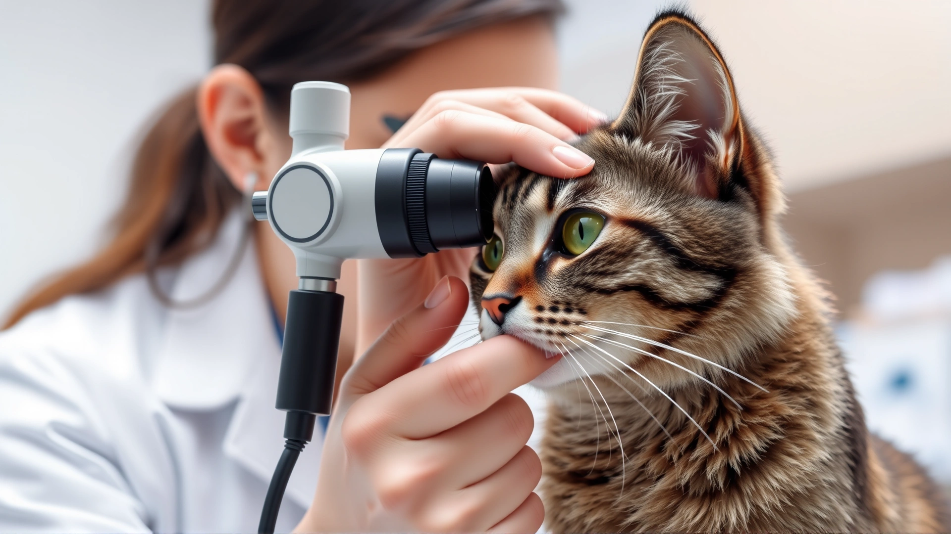 A veterinarian wearing blue scrubs gently examining a cat's nose with an otoscope in a well-lit veterinary clinic room