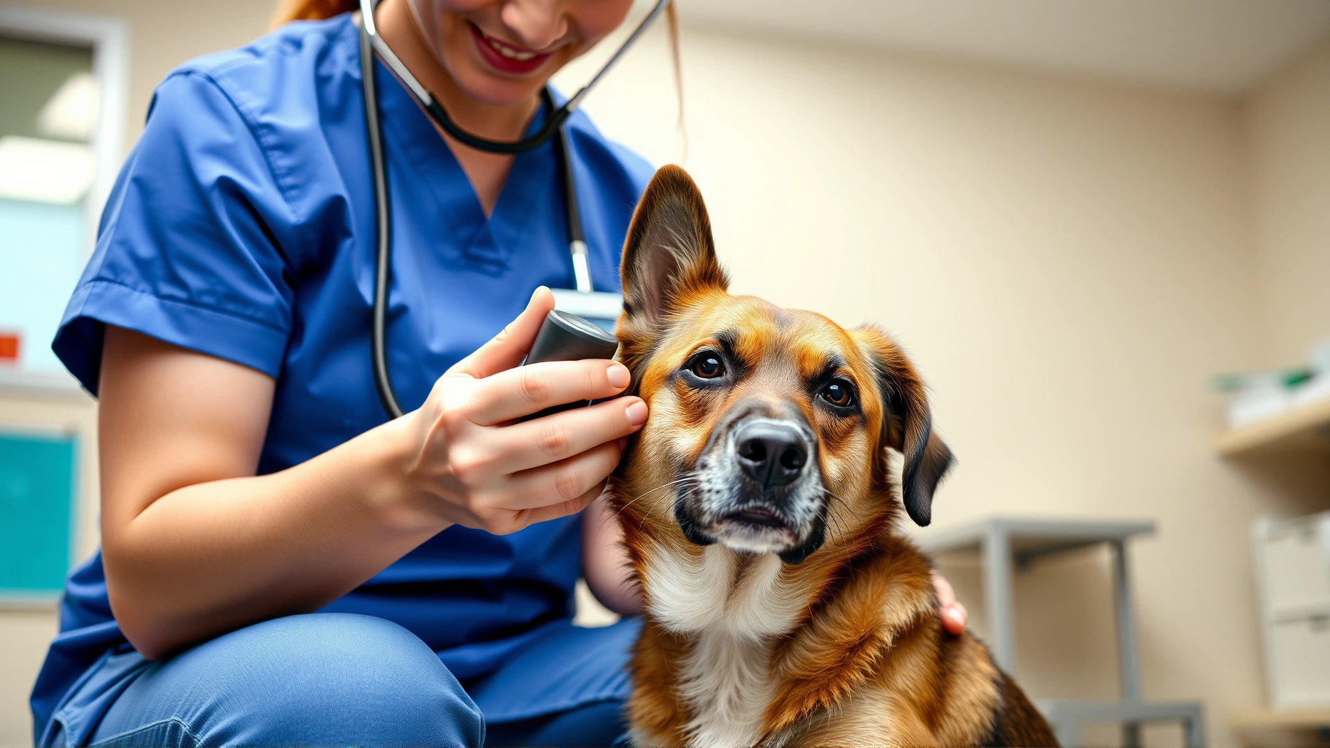 Female veterinarian in blue scrubs gently examining a medium-sized dog with a stethoscope in a modern veterinary clinic.