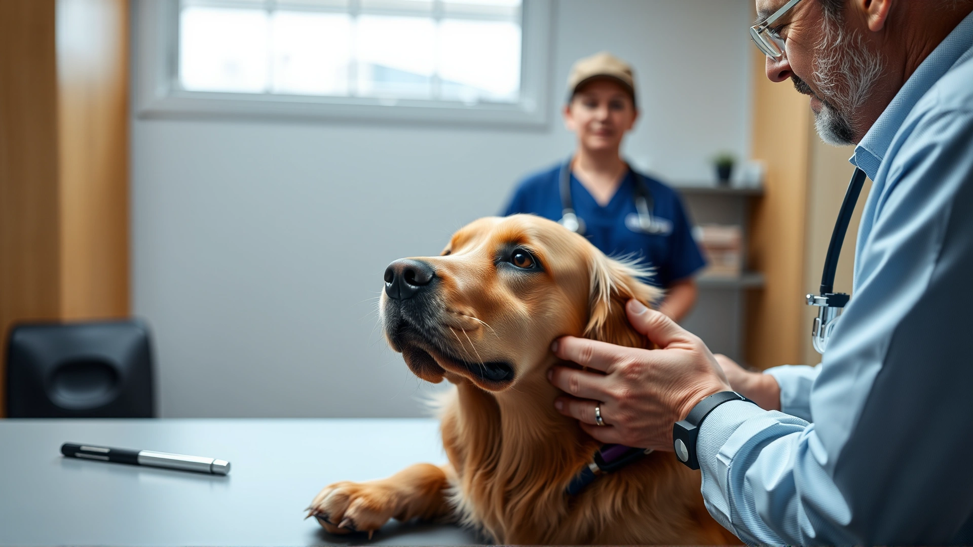 Close-up of a veterinarian examining a golden retriever on an examination table while the owner watches attentively – conveys trust and professional care.