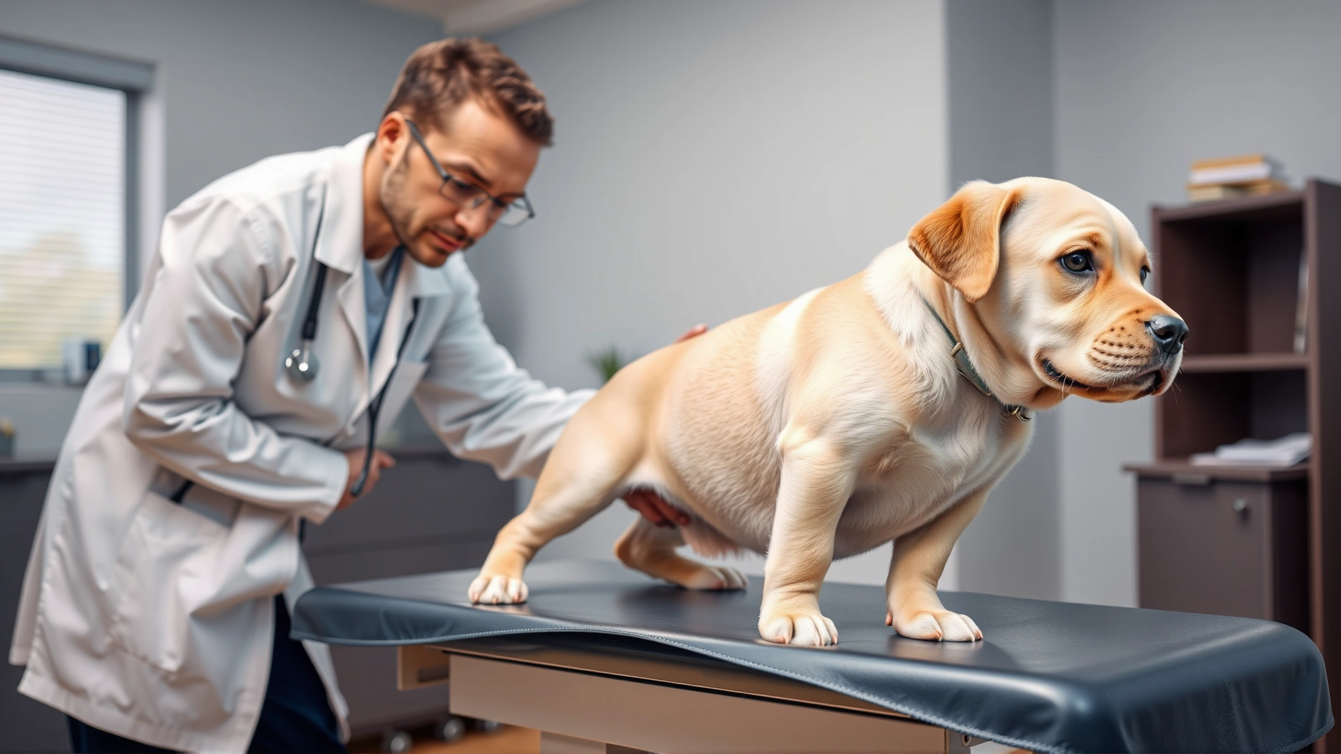 A veterinarian in a white coat gently examining a large-breed puppy's joints on an exam table inside a modern clinic.