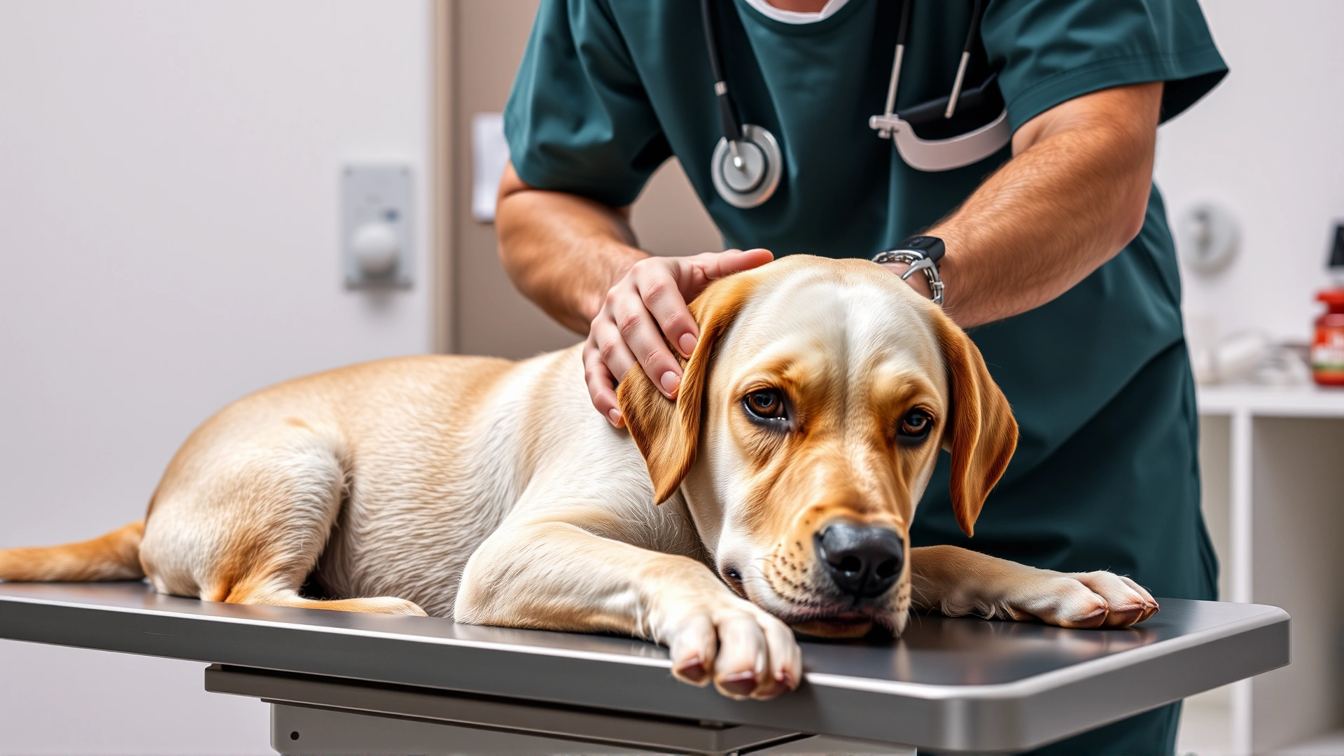 A caring veterinarian gently examining an older Labrador Retriever on an examination table, clinic background, bright lighting.