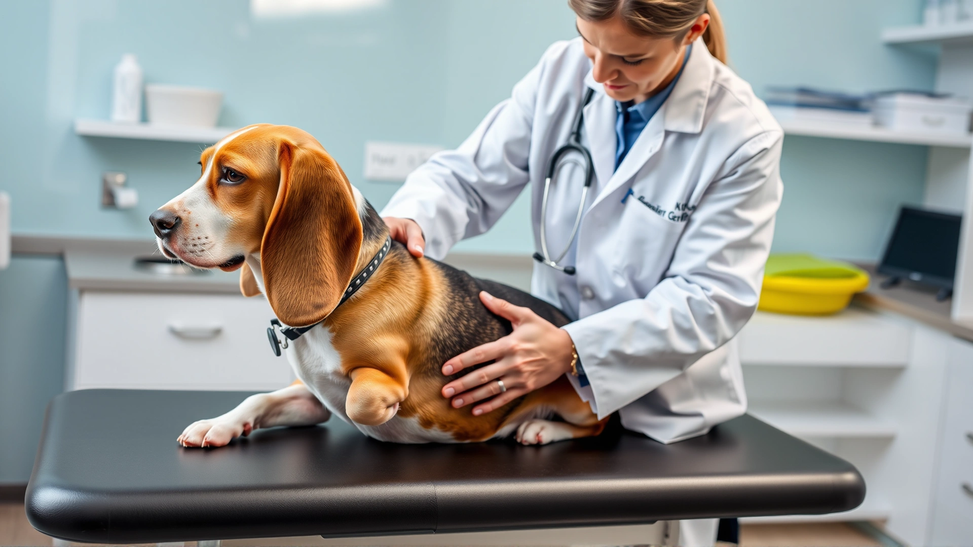 Veterinarian in white coat gently palpating a beagle's abdomen on an exam table in a modern clinic.