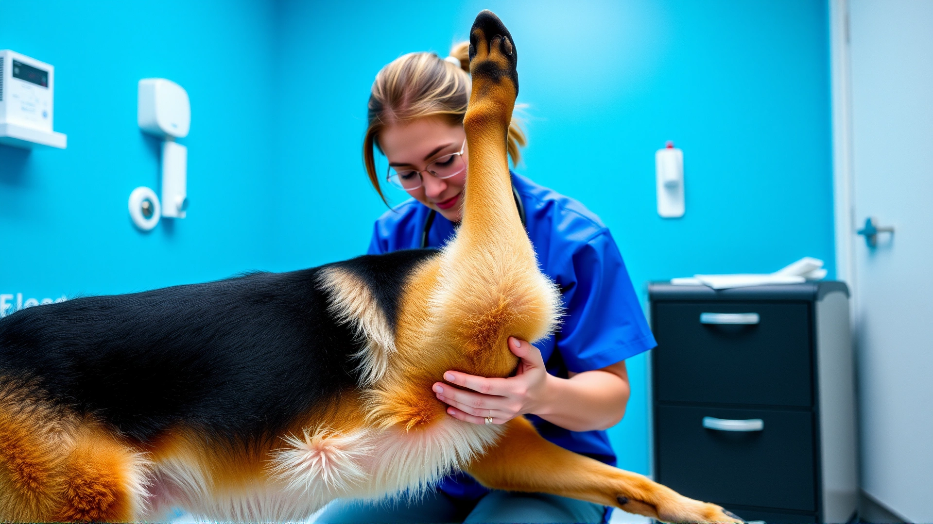 Female veterinarian gently flexing a German Shepherd’s hind leg during a clinic examination room.