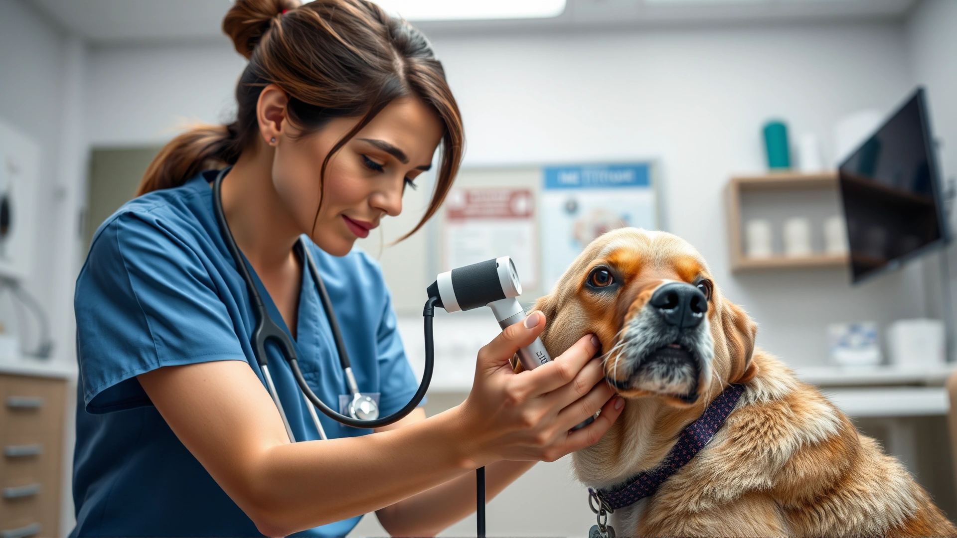 Veterinarian gently examining an older dog’s ear with an otoscope inside a modern clinic.