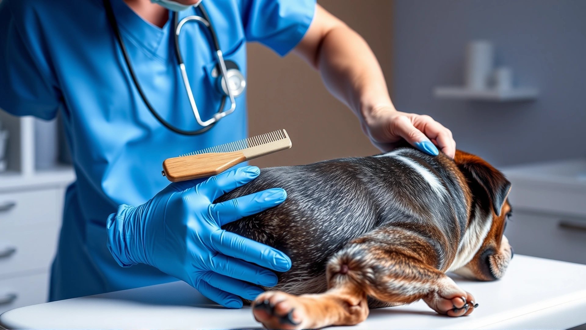 Veterinarian gently examining a dog's back with a flea comb on an examination table, bright clinic background