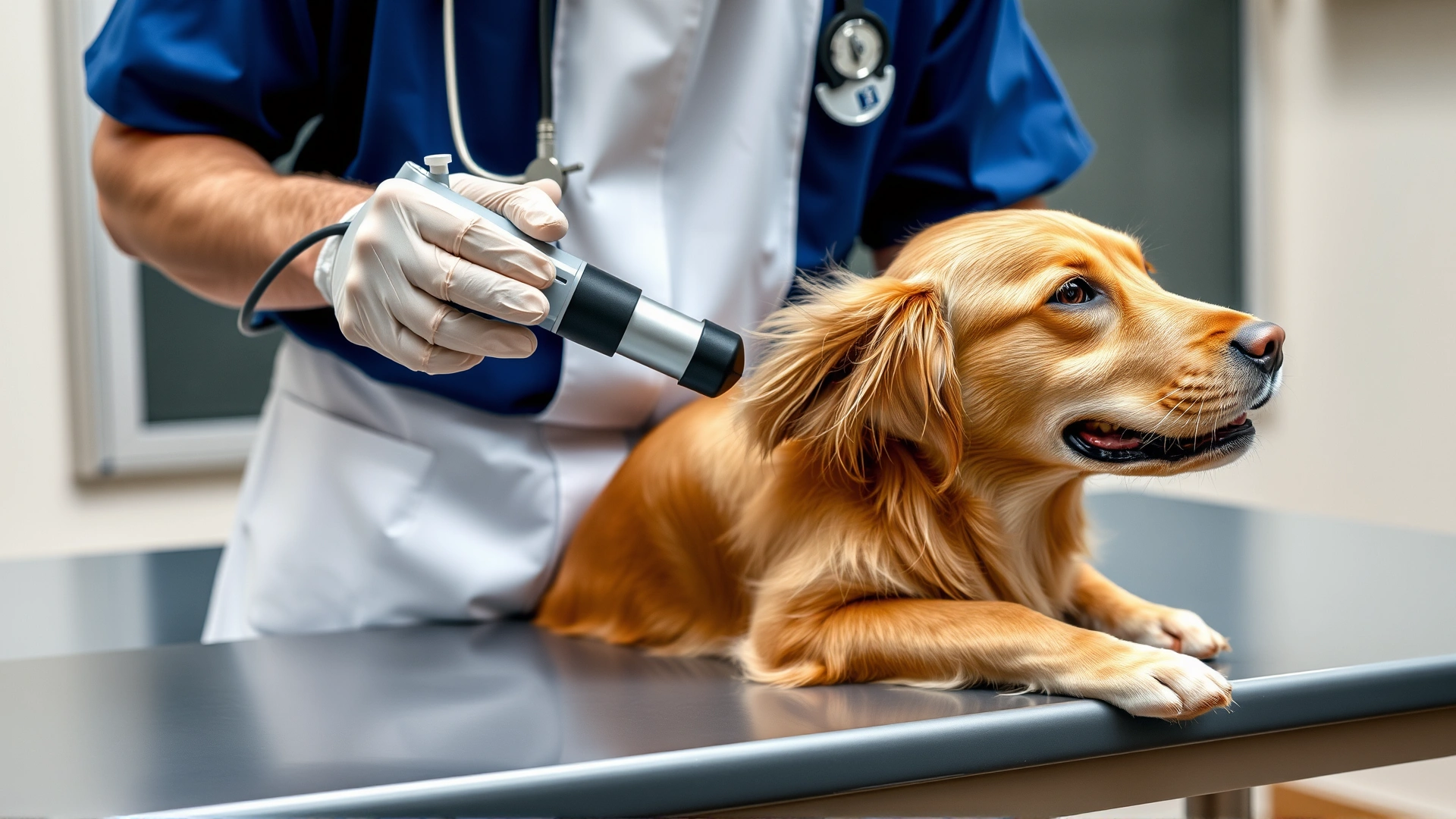A veterinarian using an otoscope to examine a Golden Retriever's ear, with the dog calmly sitting on an exam table.