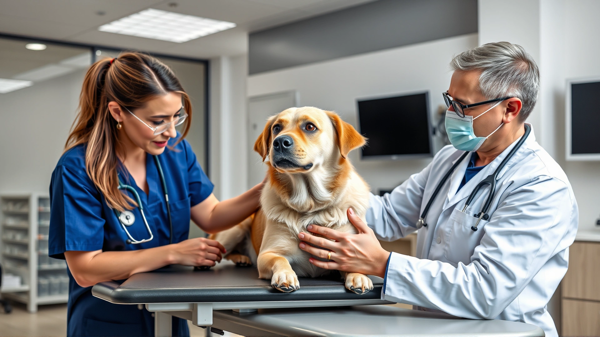 A veterinarian gently examining a diabetic dog on an examination table inside a modern clinic, conveying professional care.