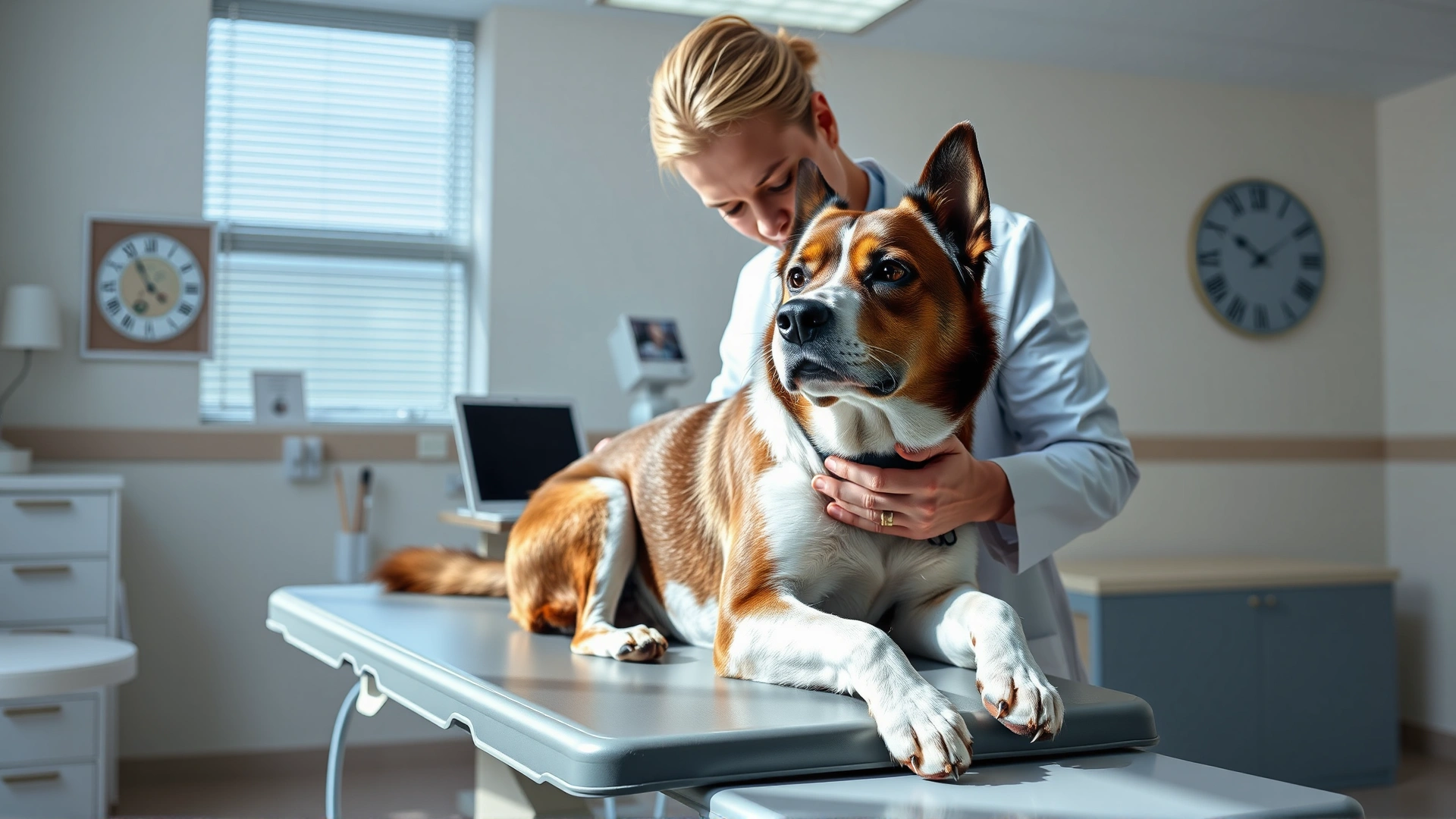 Image of a veterinarian in a white coat gently examining a medium-sized dog on an exam table inside a bright clinic