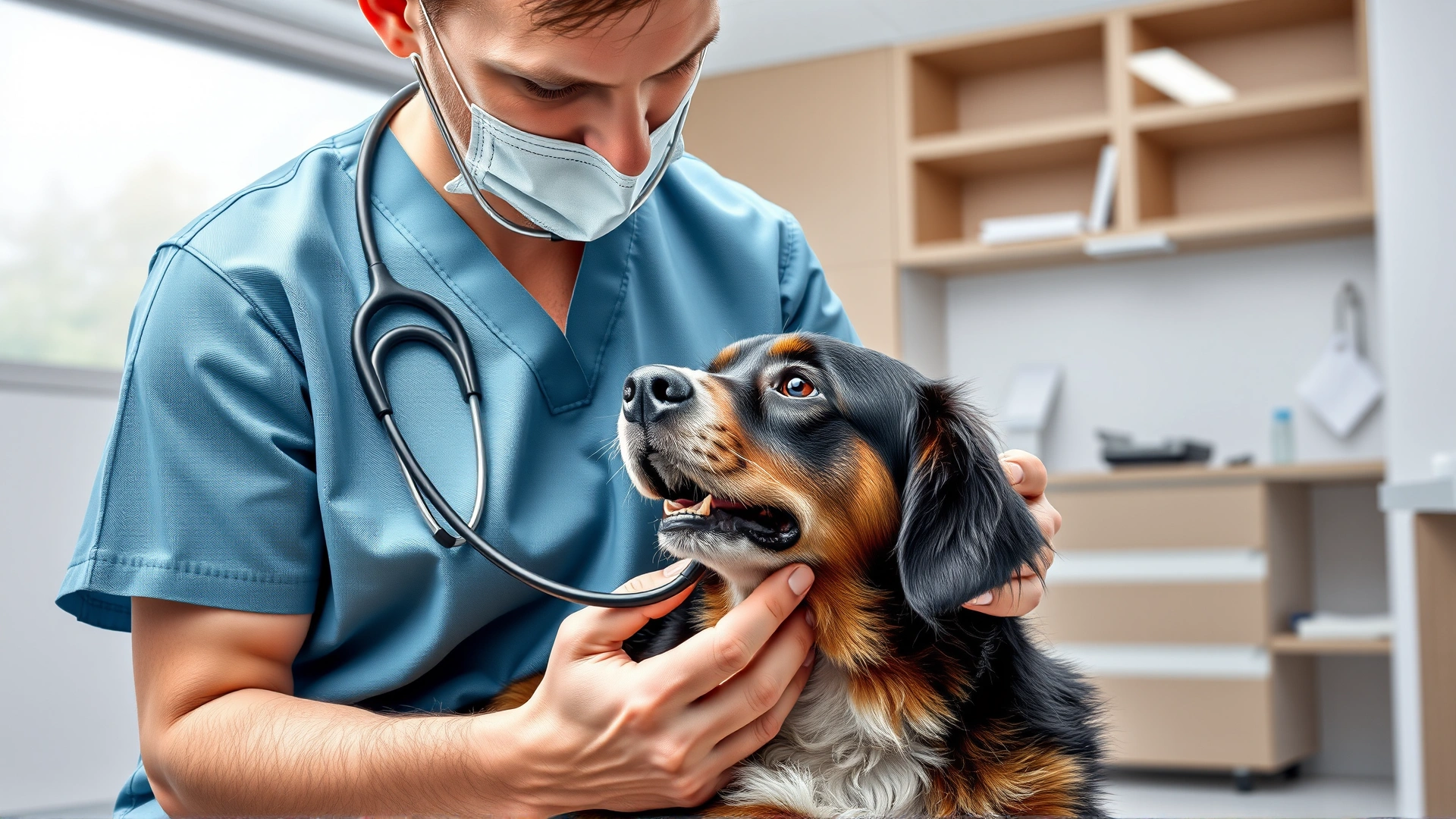 Veterinarian gently examining a dog’s throat with a stethoscope in a modern clinic, no text