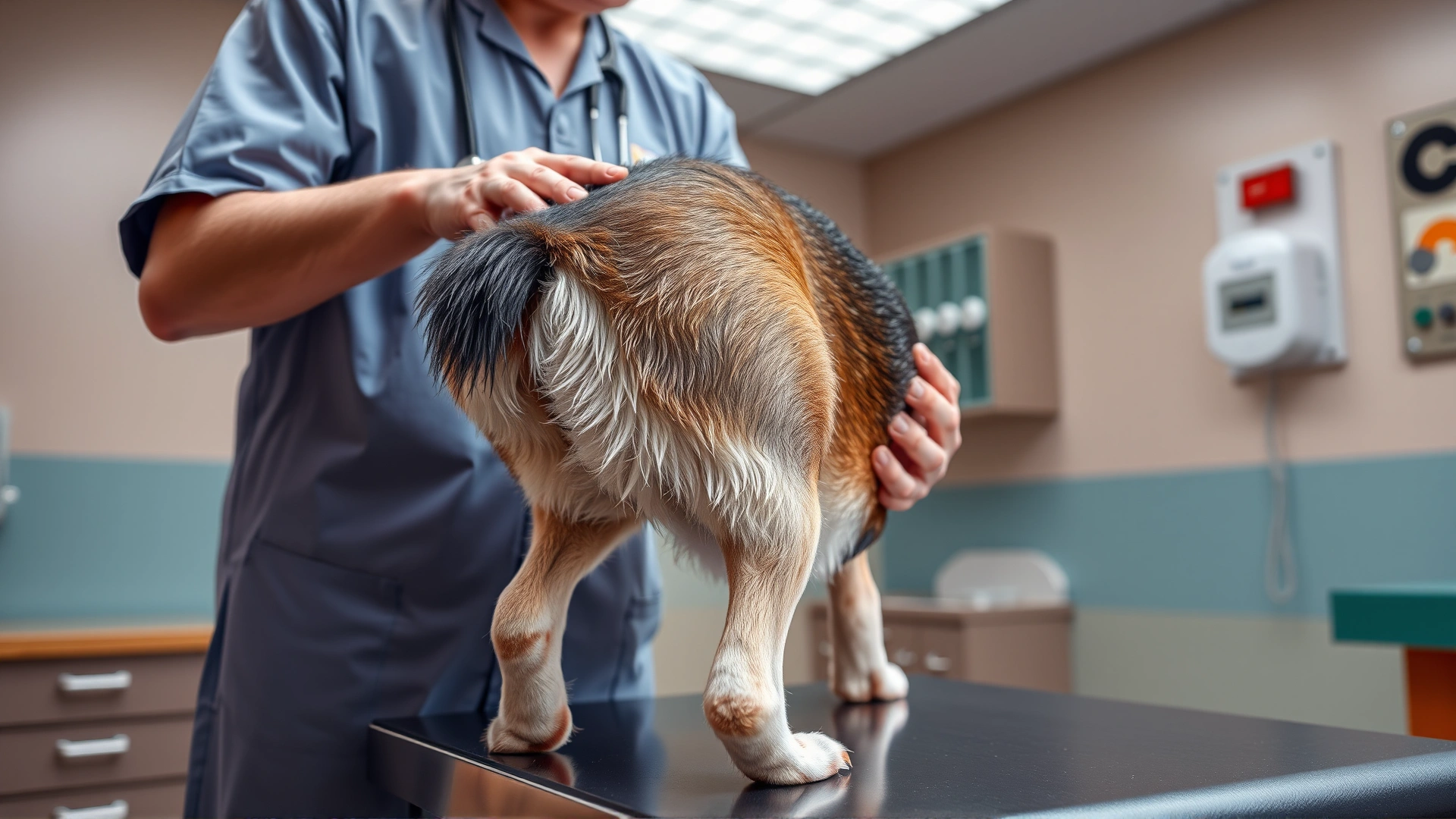 Veterinarian in a clinic gently examining a dog’s hind leg on an exam table