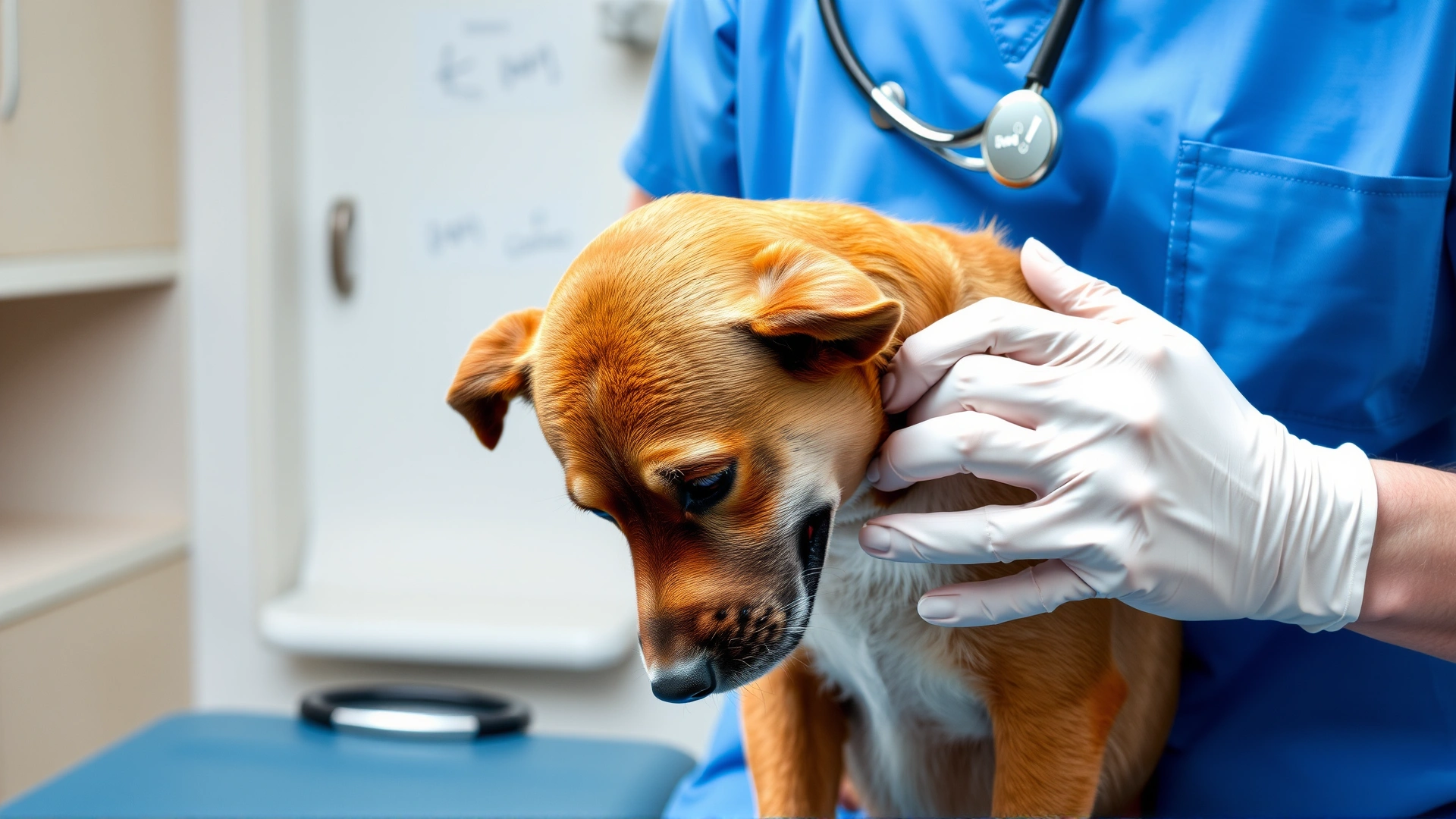 Veterinarian in blue scrubs examining a dog's armpit area on an exam table, focusing on a visible skin tag, clinical setting, high resolution