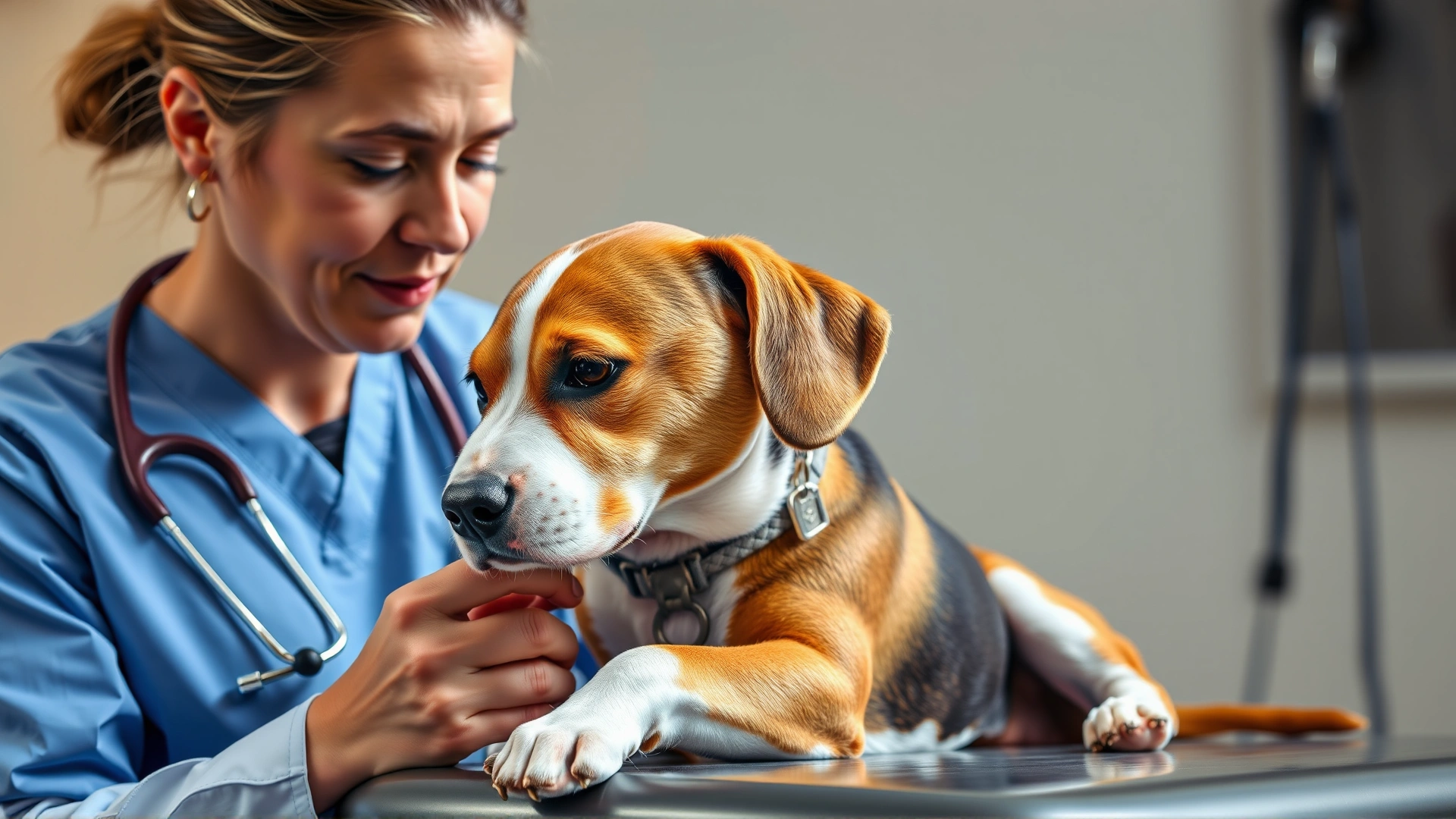 Veterinarian gently examining an older Beagle on an examination table, with stethoscope and caring facial expression.