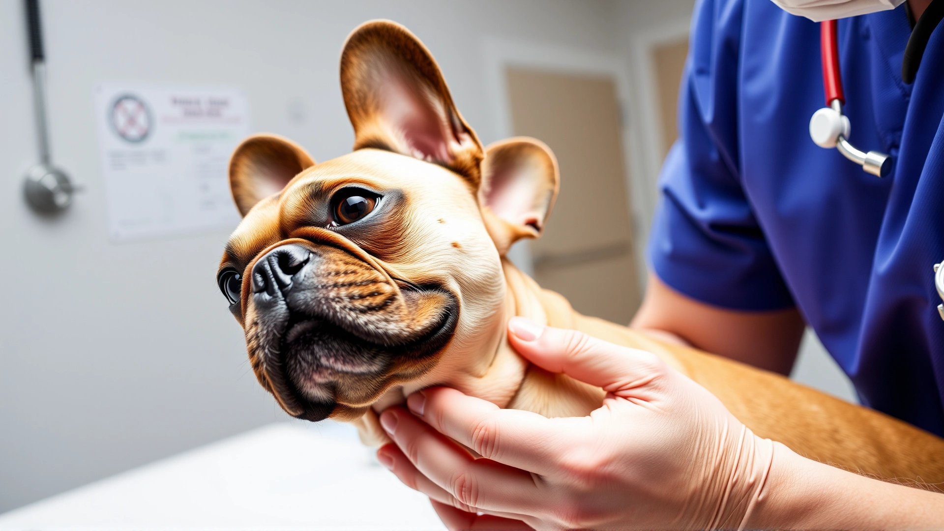 Veterinarian gently examining a French bulldog's nose and throat in a well-lit clinic room