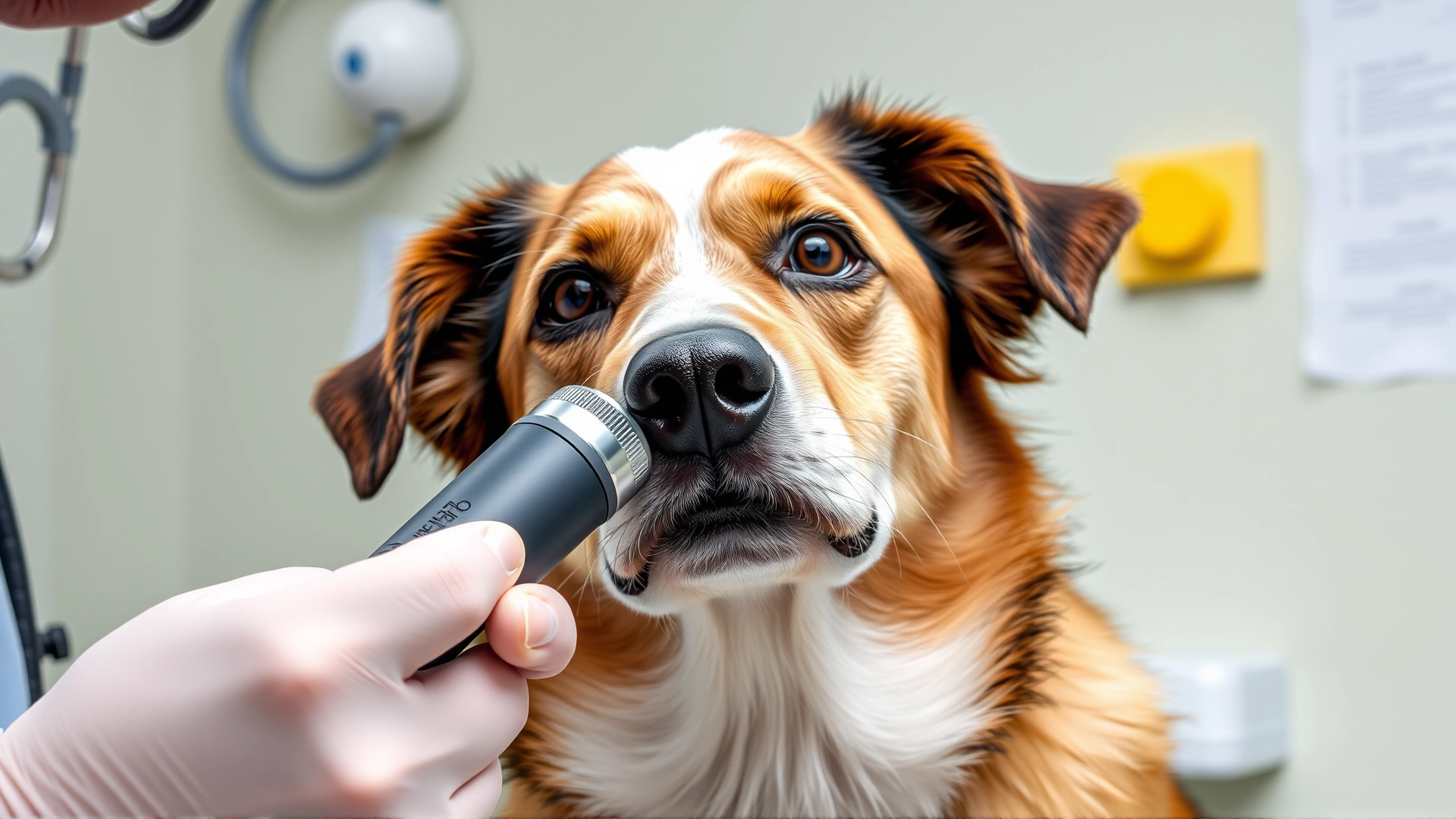 A veterinarian using an otoscope to inspect a dog's ear canal in a professional clinic setting, clear focus on the tool and the ear, no text.