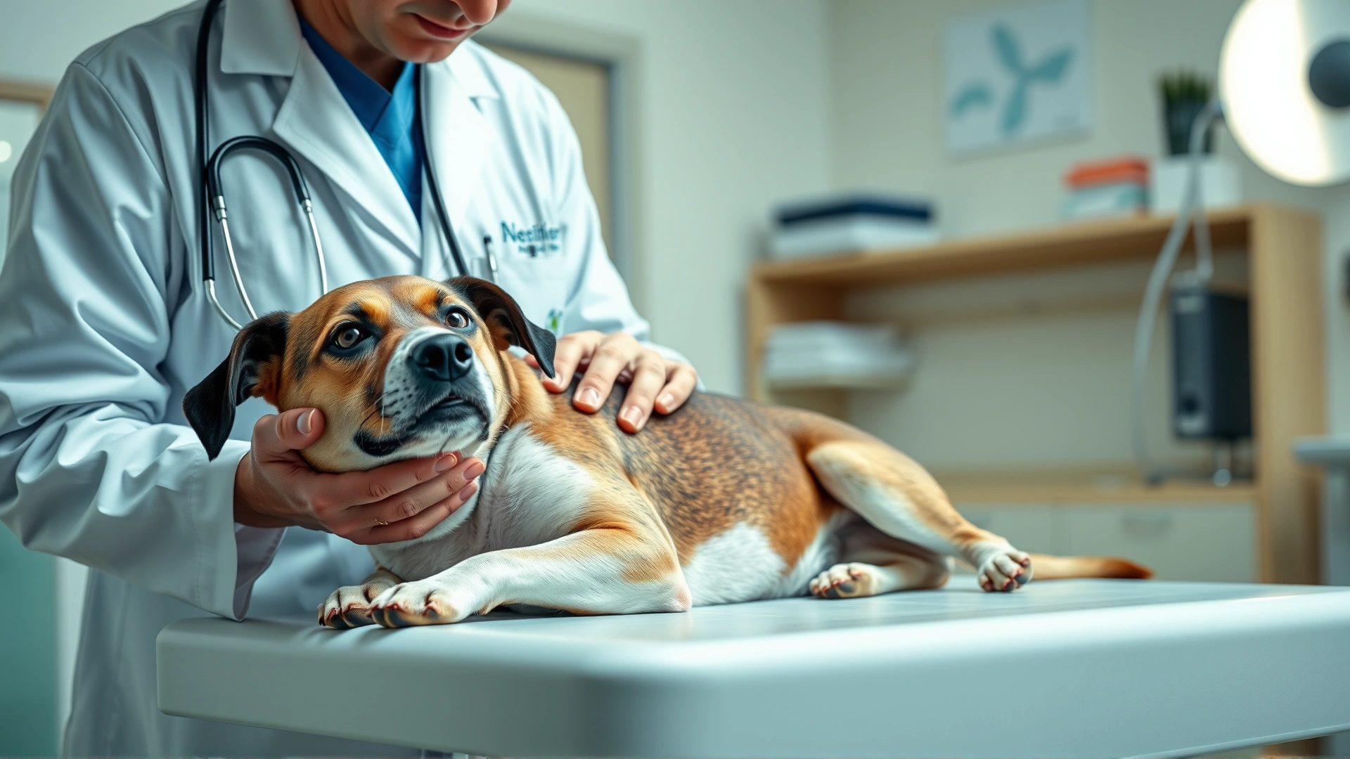 Veterinarian in white coat examining a dog on an exam table, stethoscope visible, clinic environment brightly lit.