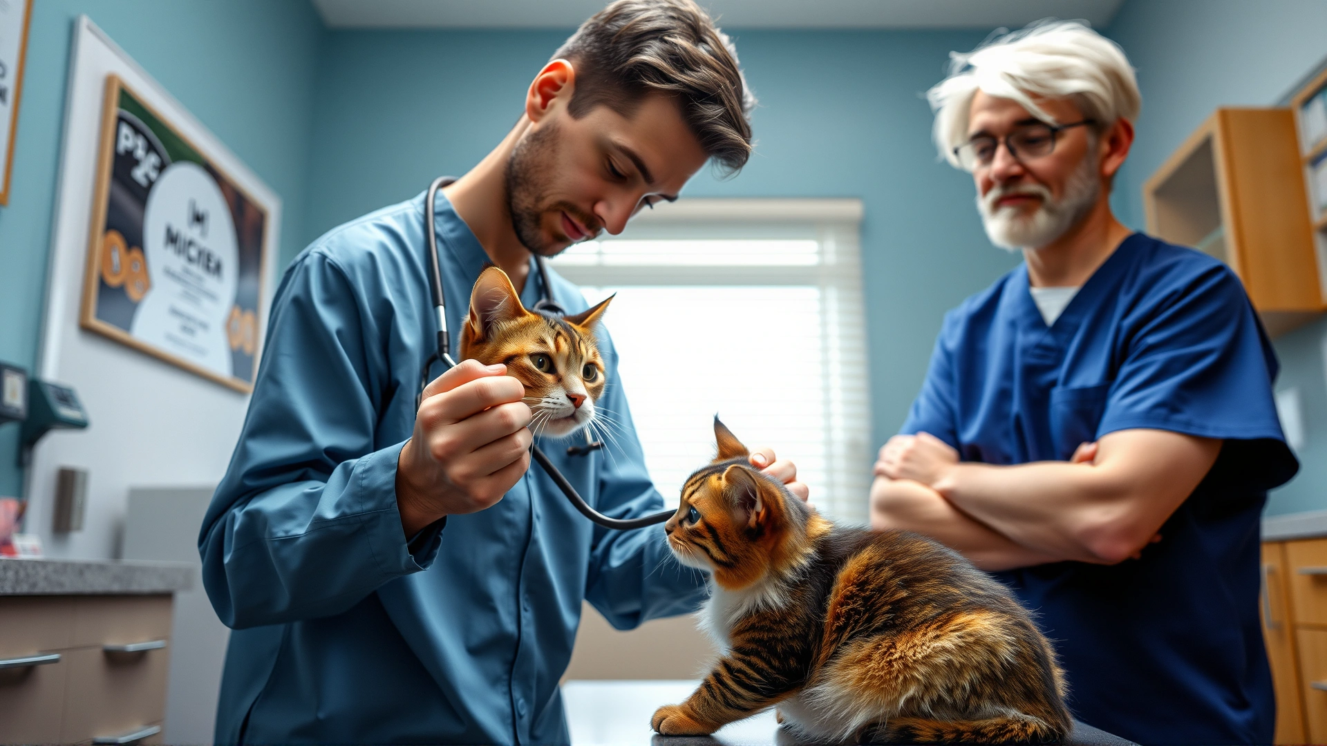 A veterinarian in a clinic examining a cat with a stethoscope while the owner watches